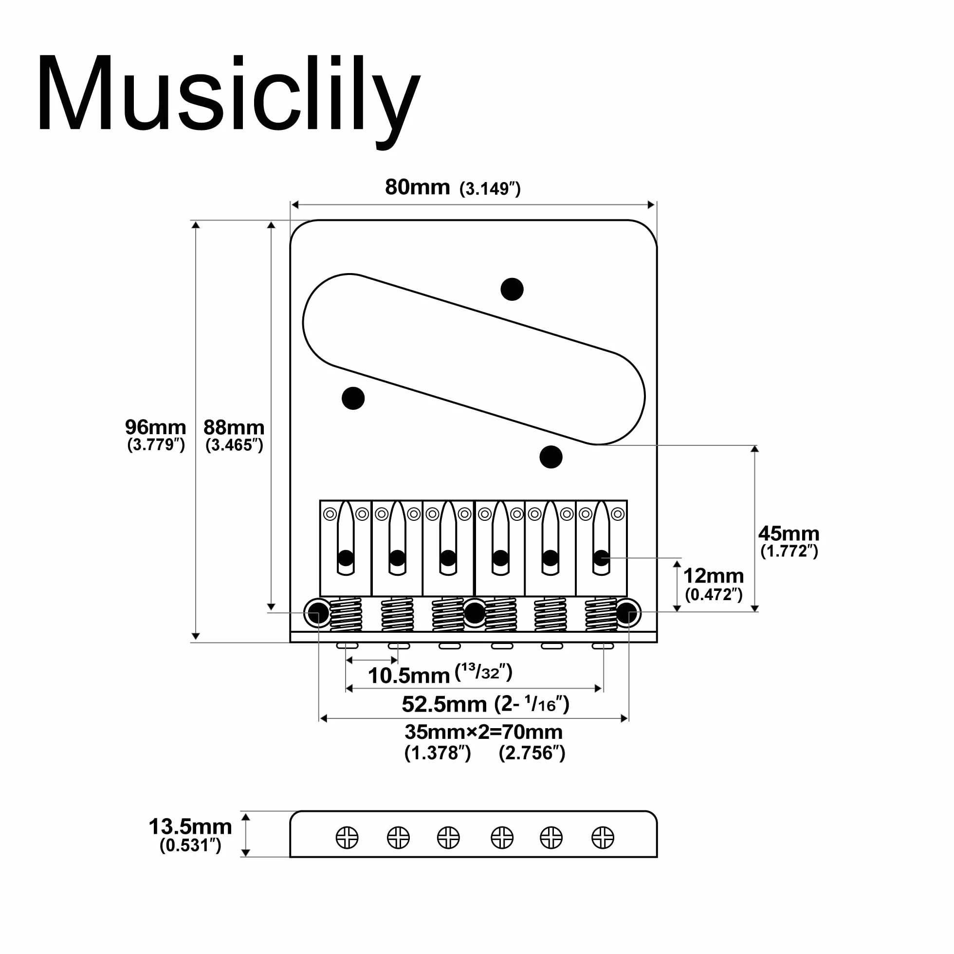 Wilkinson WOT03 52,5 mm (2-1/16") Telecaster Bridge Modern 6 siodełek do gitary elektrycznej w stylu amerykańskim Tele TL, chrom