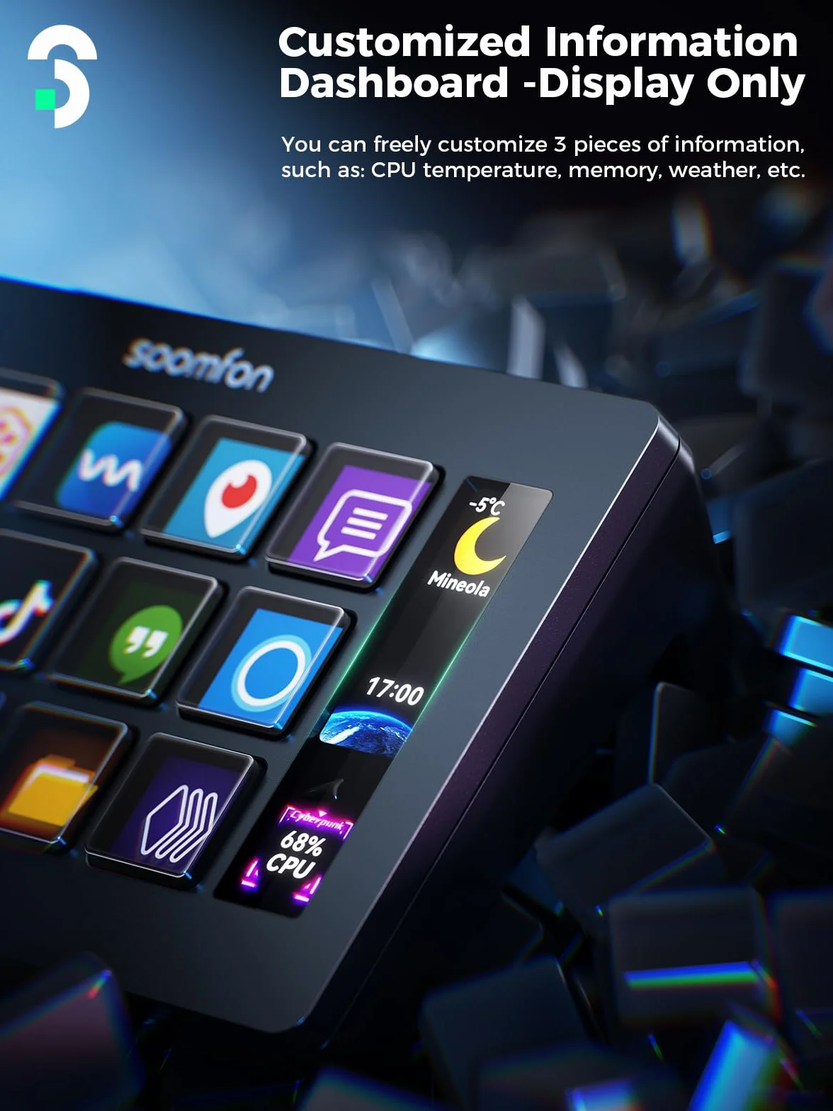 SOOMFON Studio Stream Control Deck, kontroler do sterowania nagraniami na żywo z 15 klawiszami makro i pulpitem nawigacyjnym, przyciski LCD do OBS, Twitch, YouTube, idealny do edycji wideo