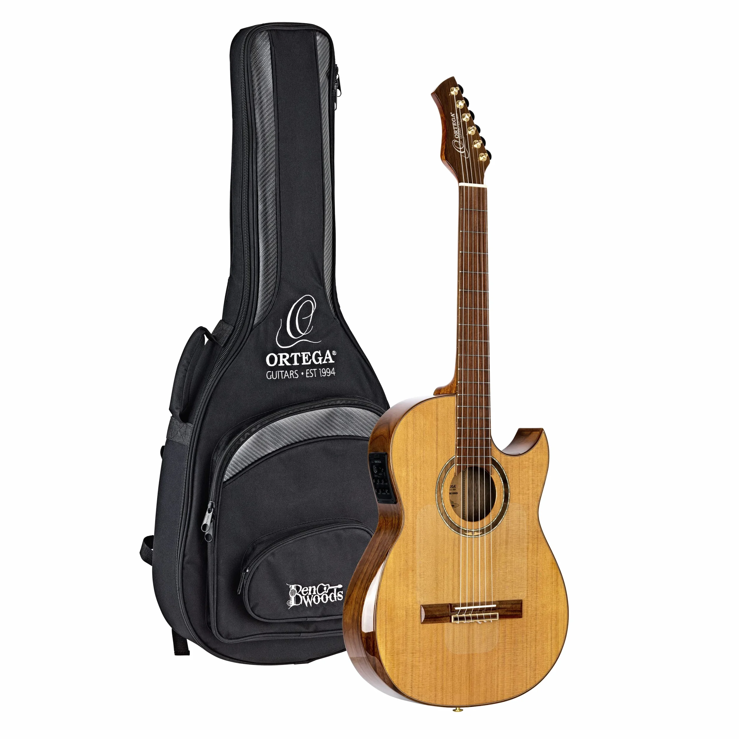 Ortega Guitars Classical Guitar Electro-Acoustic – Wąski Gryf, Korpus Thinline – Seria Signature – W Zestawie Pokrowiec i Folia Ochronna – Lity Cedr/Orzech, Wykończenie Naturalne (FLAMETAL-TWO)