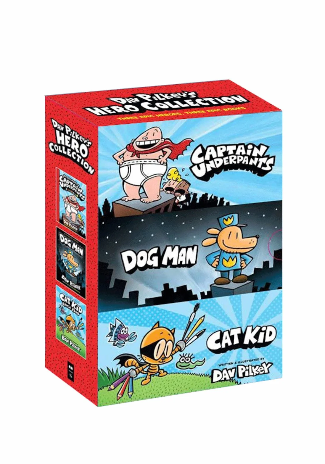 Dav Pilkey's Hero Collection: 3-Book Boxed Set (Captain Underpants #1, Dog Man #1, Cat Kid Comic Club #1)