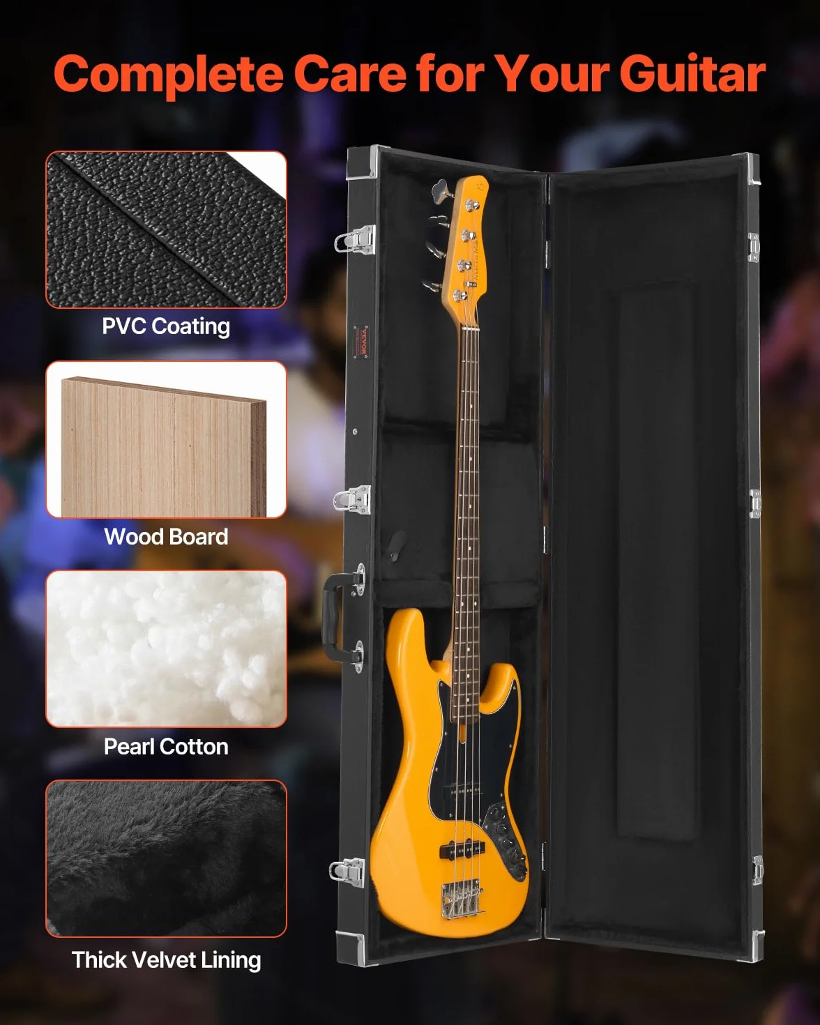 VEVOR Prostokątny twardy futerał na gitarę basową 1220 mm z blokadą kluczową, uchwyt, wypełnienie z PCW, miękka podszewka, wodoodporne do gitar basowych 39-46,5 cala 99-118 cm, czarne