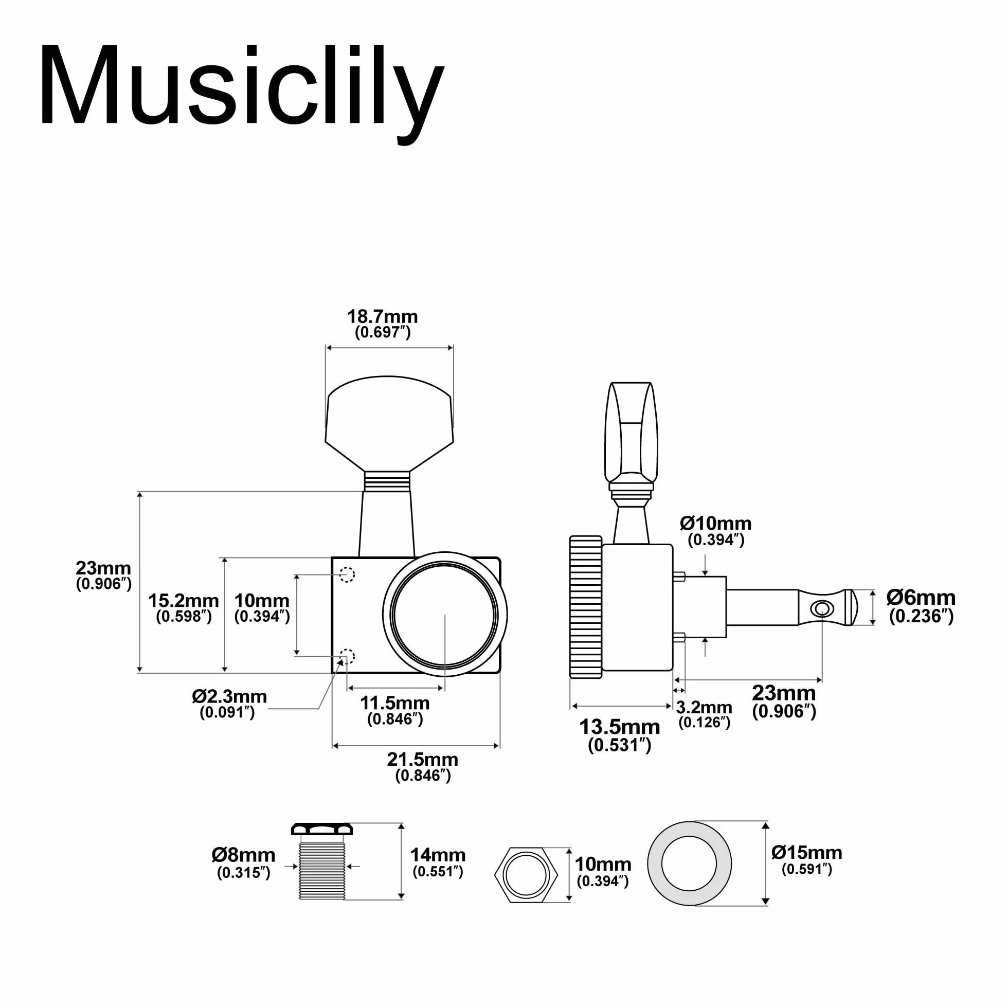 Musiclily 6 w Linii 2-pins Tunery Blokujące Gitaryowe Klucze Blokowane Kołki do Strojenia do Gitary Elektrycznej Strat Tele, Chrom