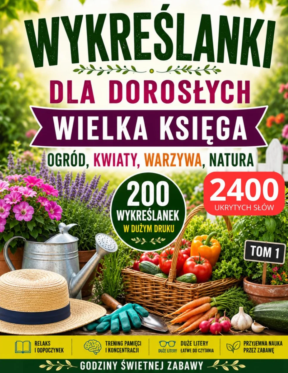 Wykreślanki dla Dorosłych - Wielka Księga: Ogród, kwiaty, warzywa i natura, 200 łamigłówek, 2400 ukrytych słów, duży druk i format dla dorosłych i seniorów
