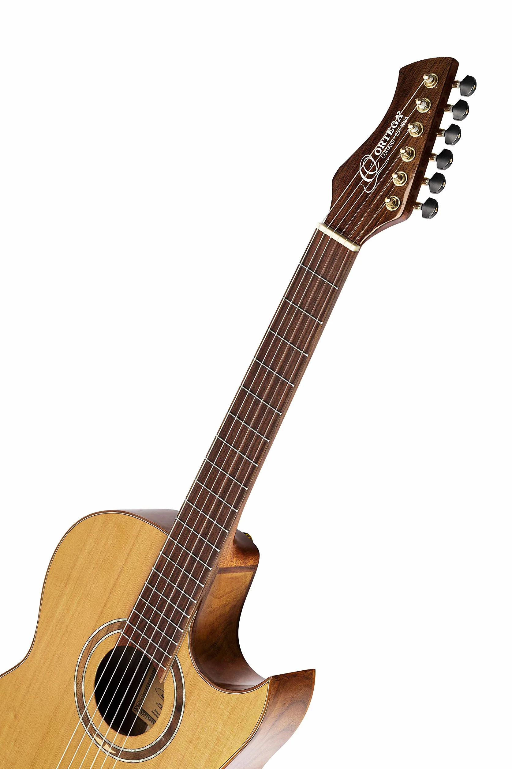 Ortega Guitars Classical Guitar Electro-Acoustic – Wąski Gryf, Korpus Thinline – Seria Signature – W Zestawie Pokrowiec i Folia Ochronna – Lity Cedr/Orzech, Wykończenie Naturalne (FLAMETAL-TWO)