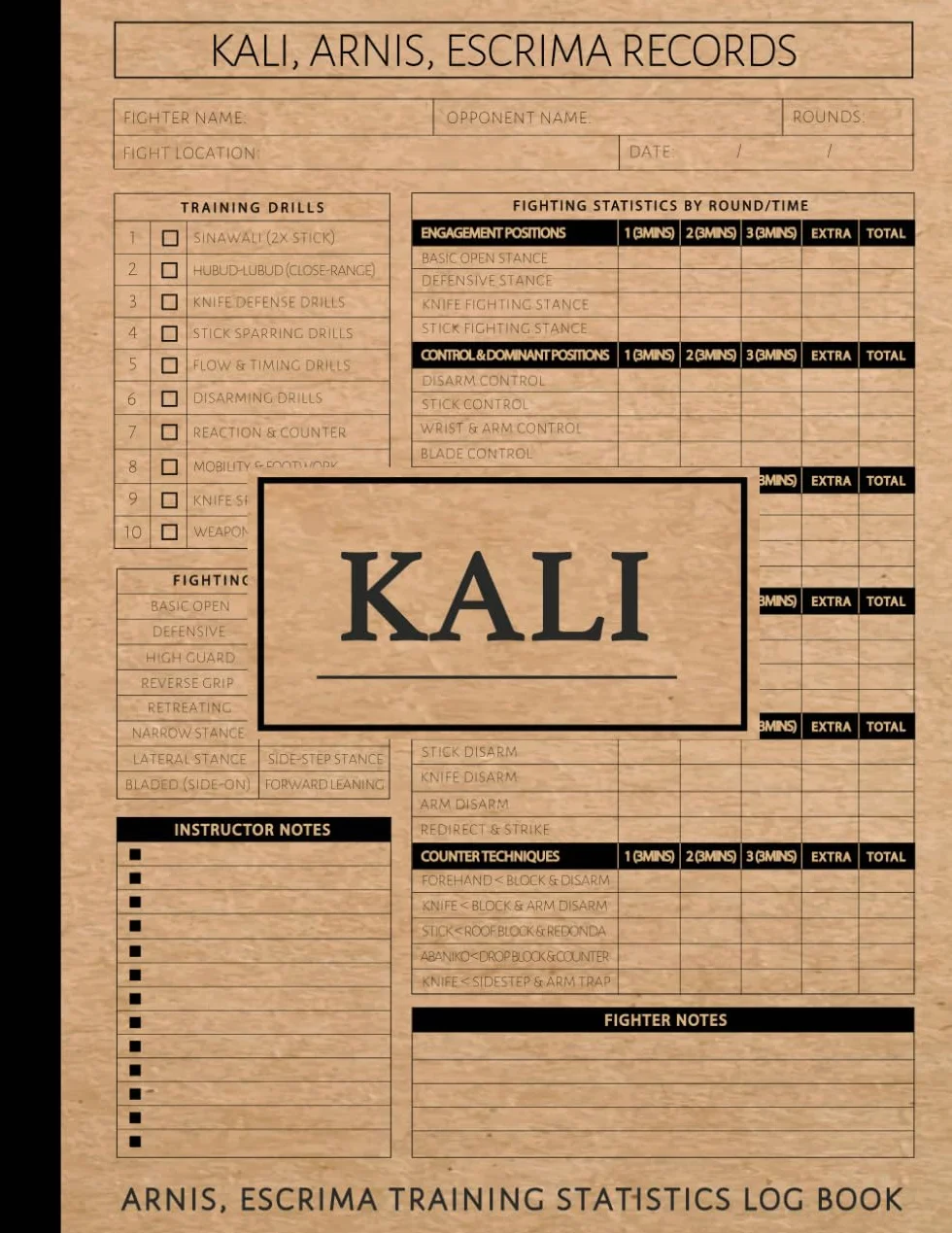 Kali, Escrima, Arnis Training Statistics Log Book: Track & Master Every Technique. Ideal for Fighters, Instructors, and Enthusiasts