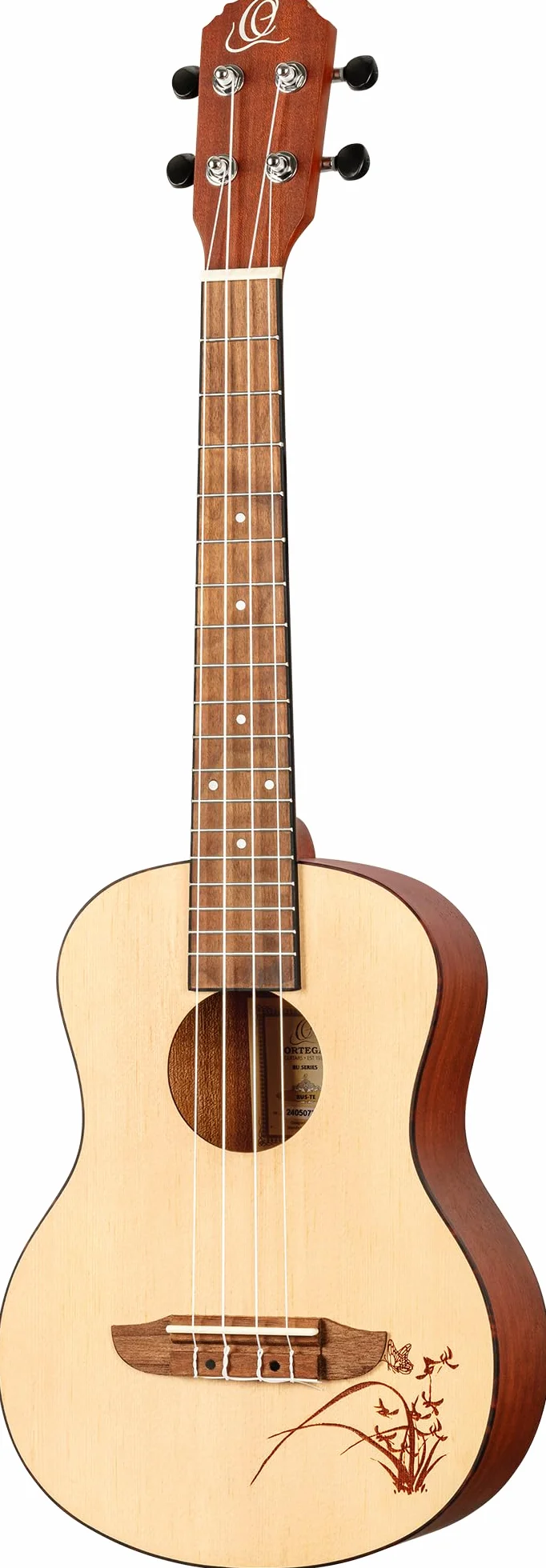 Ortega gitary RU5-TE Tenor ukulele z blatem świerkowym i korpusem Sapele w satynowym wykończeniu, 18 progów