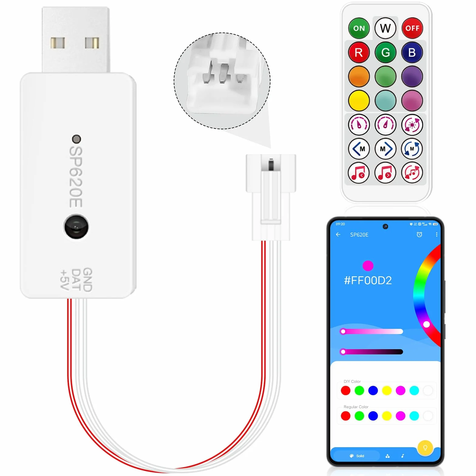 SP620E Sterownik Bluetooth WS2812B WS2811 z Pilotem na Podczerwień, Interfejsami USB, Aplikacją na Smartfona do Adresowalnych Taśm LED RGB