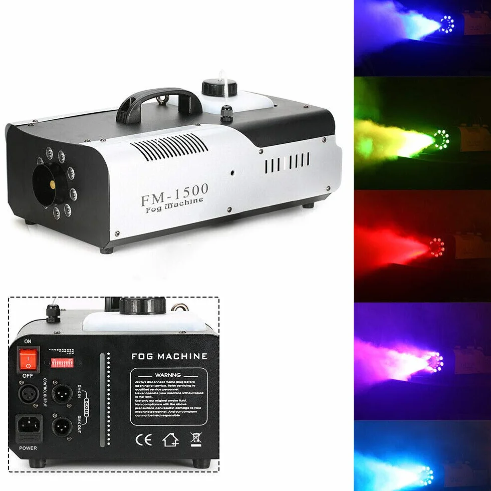Fogger mini generator dymu LED | element grzejny 1500 W | bezprzewodowy pilot zdalnego sterowania | wyrzut 18000-25000 cu.ft/min | obudowa z blachy stalowej | pojemność zbiornika 2 l