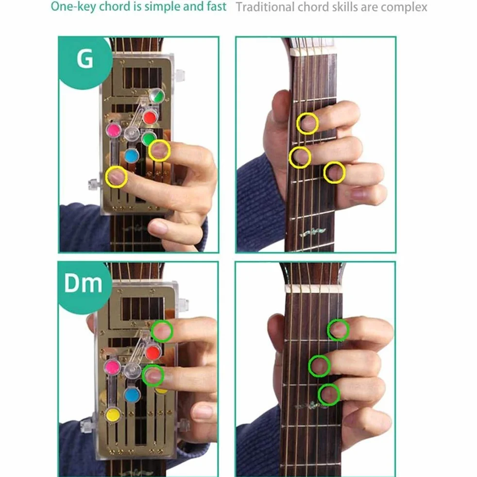 Chord Buddy system uczenia się gitary, wystarczy nacisnąć przyciski i grać na gitarze, system uczenia się gitary Clip-on chromatyczny stroik z 6 uniwersalnymi akordami