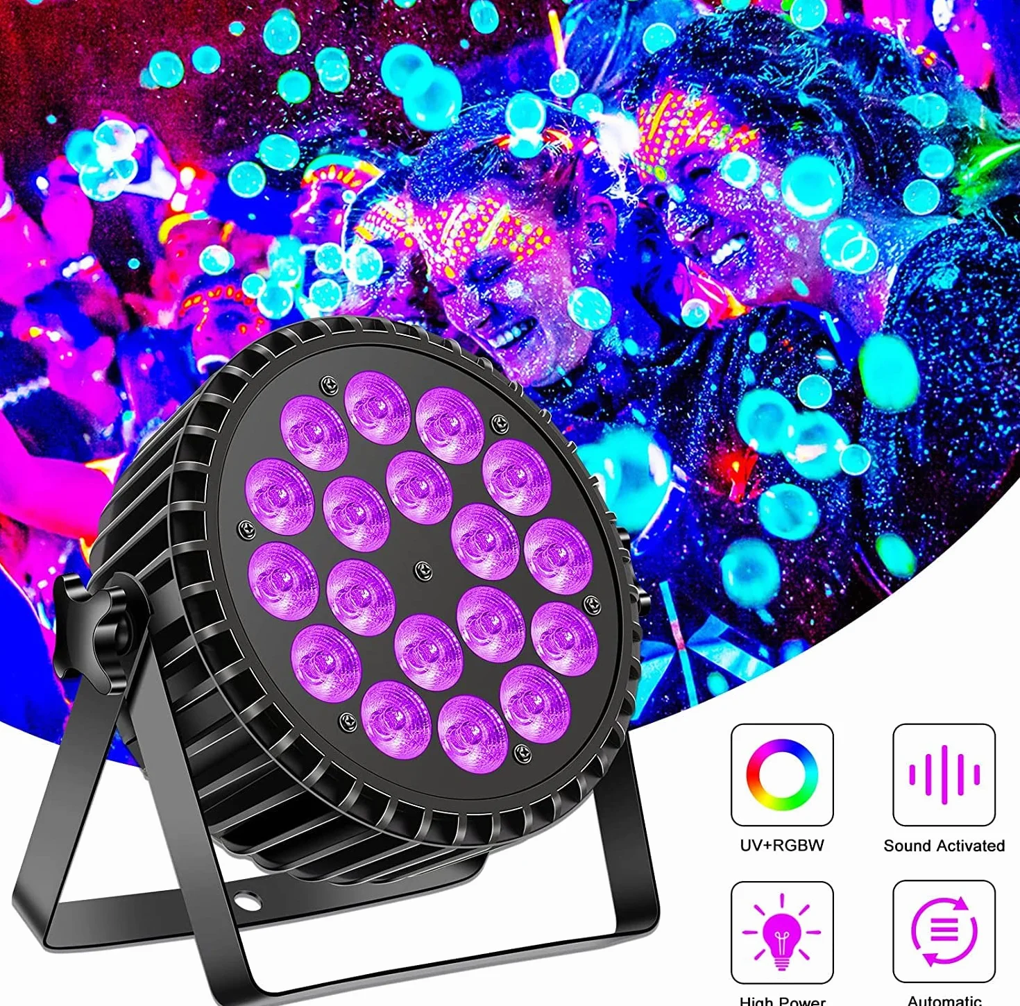 LED Par UV reflektor punktowy 200W 18 LED światło sceniczne światło dyskotekowe, 8CH RGB DMX dźwięk stroboskopowy tryb aktywny oświetlenie DJ efekt świetlny na imprezę Halloween