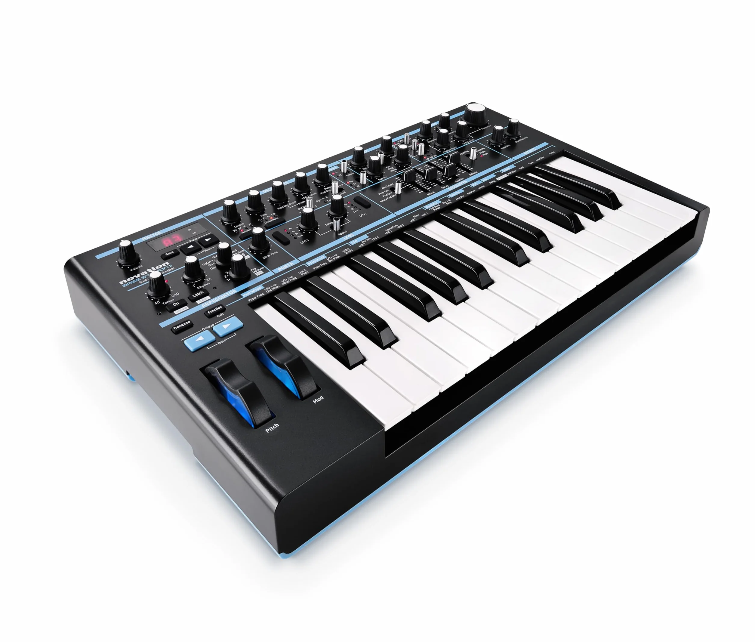 Novation Analogowy monosynth Bass Station II – zawiera 64 fabryczne łatki, sekwencer kroków oparty na wzorach i arpeggiator, dwa oscylatory oraz dodatkowy oscylator podrzędny