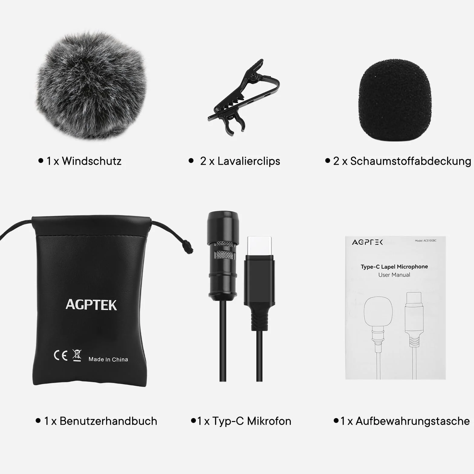 AGPTEK mikrofon lavalier typu C do iPhone'a 15, 2 m, klips i futerek przedniej szyby, mini wielokierunkowy mikrofon do laptopów z systemem Android, Macbook