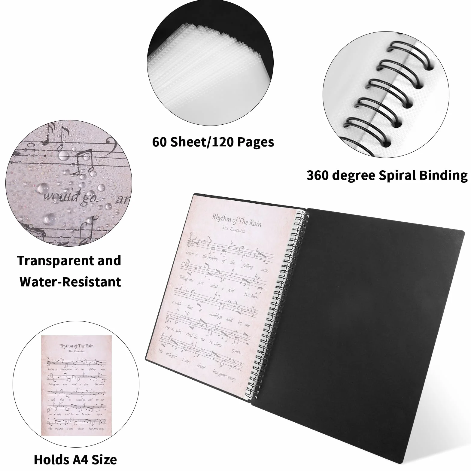 JIANTA A4 120-stronicowy folder muzyczny, spiralny segregator na dokumenty muzyczne, 21,5 x 28 cm torba do przechowywania dokumentów papierowych, pusta plastikowa teczka chóralna