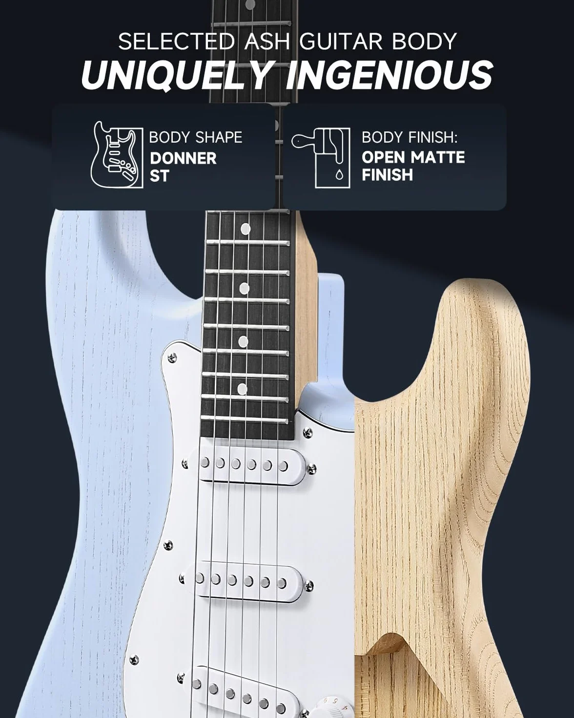 DONNER DST-80 gitara elektryczna 39 cali zestaw do gitary elektrycznej dla początkujących ze wzmacniaczem, klasyczny przetwornik SSS w komplecie z torbą koncertową, tunerem, kapo, paskiem, kostkami i