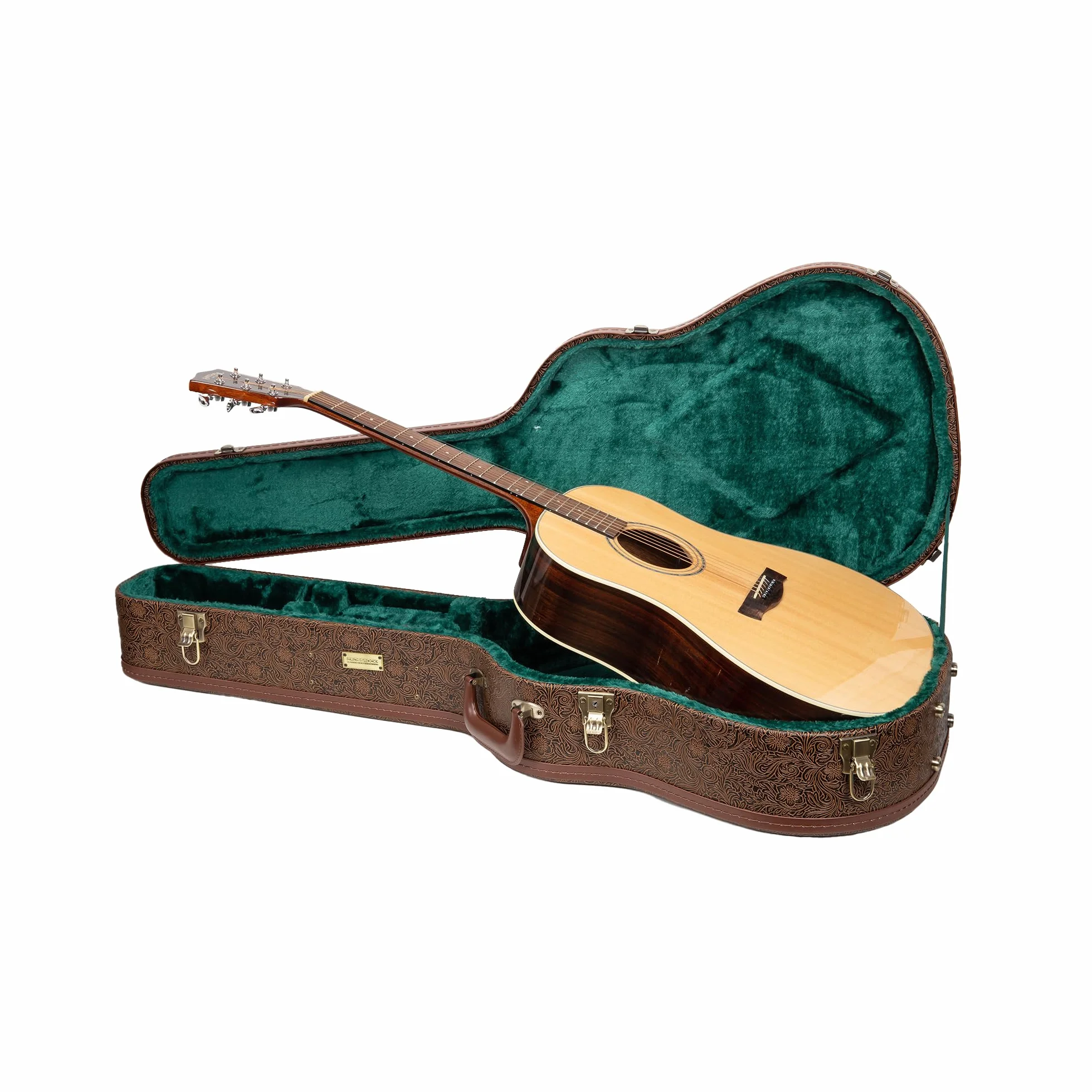 Crossrock Seria Designer - uniwersalna drewniana obudowa do gitar Gibson Acoustic J45, Martin Dreadnought - blokada bezpieczeństwa, metalowe nóżki, przestrzeń do przechowywania - Blossom Brown