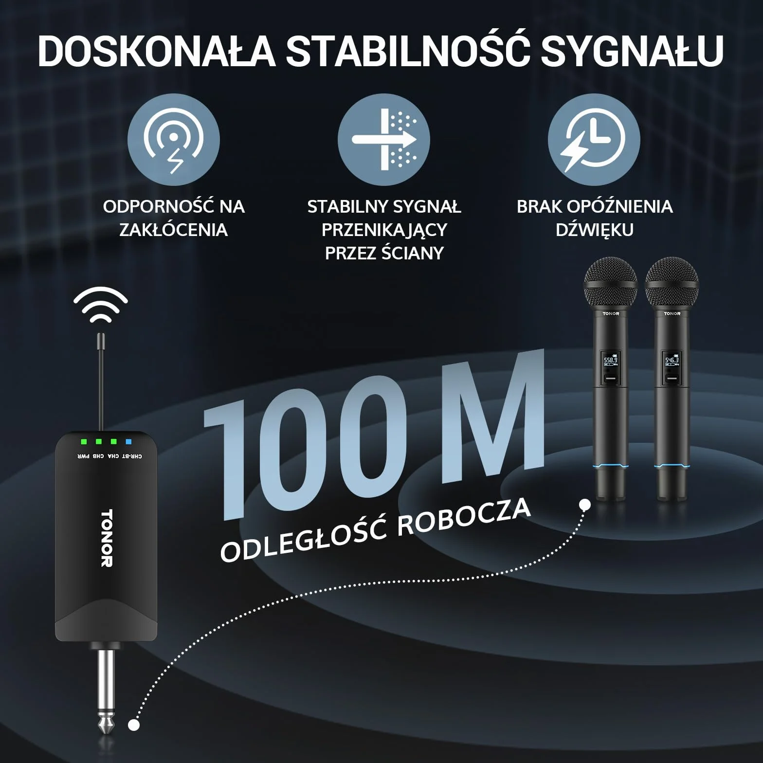 TONOR Profesjonalny Bezprzewodowy Mikrofonów, Ręczny Mikrofon Dynamiczny, Automatyczne Parowanie Bluetooth, Częstotliwość 2x25 UHF, dla Piosenkarzy/DJ-ów/Wesel/ślubów/Kościołów, 100 m, TW720