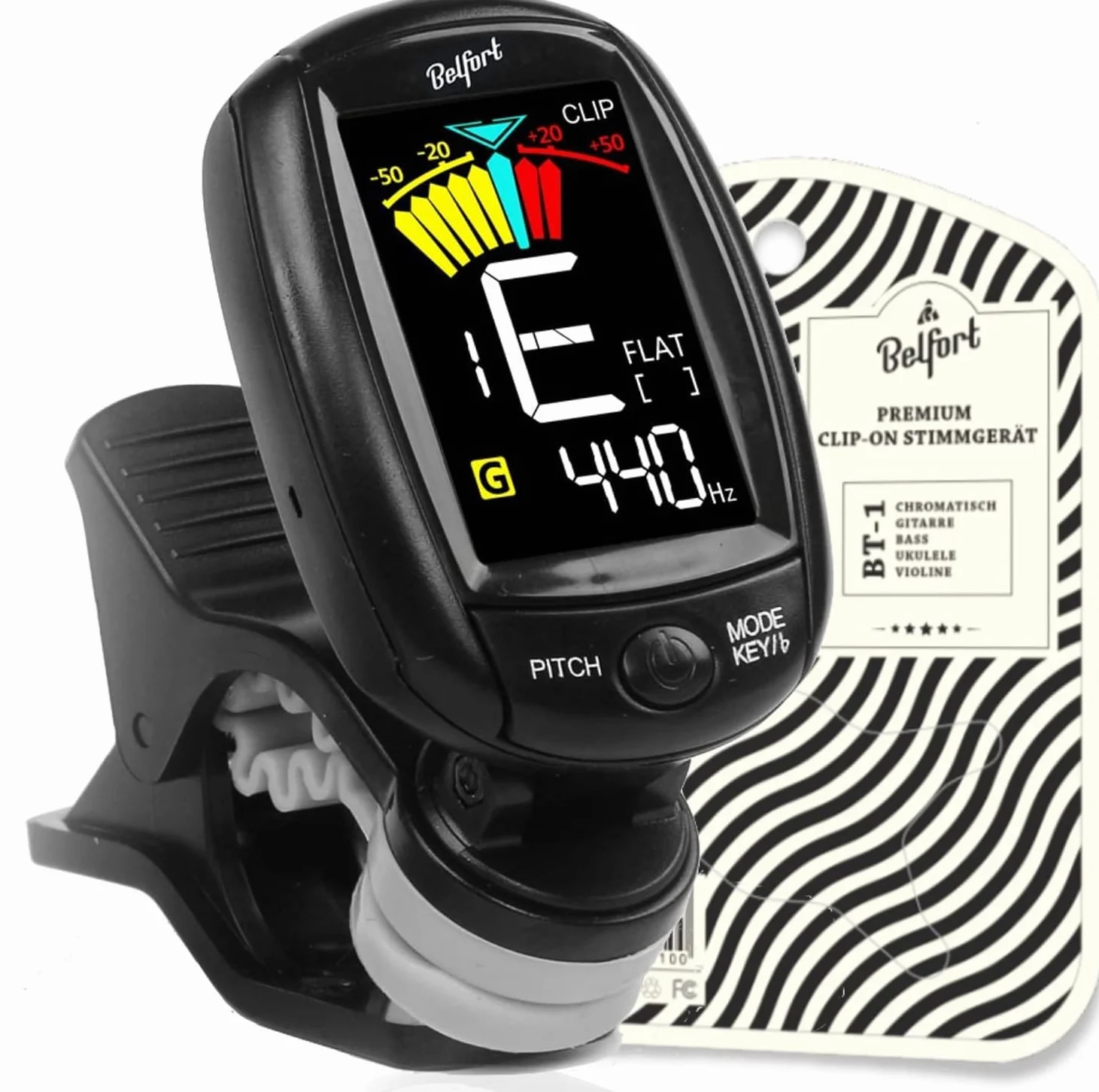 Belfort® kompaktowy tuner z klipsem do wszystkich instrumentów - uniwersalny tuner do gitary, ukulele, skrzypiec, basu i chromatyczny