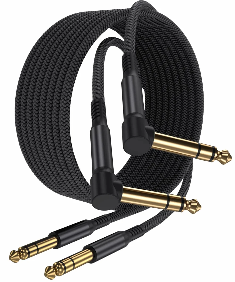 Elebase Kabel gitarowy 6,35 mm TRS 3M 2 sztuki, 90 stopni 1/4" wtyczka stereo kabel instrumentalny, 6,3 jack kabel gitarowy, symetryczny kabel audio do gitary, basów, klawiatur, wzmacniaczy