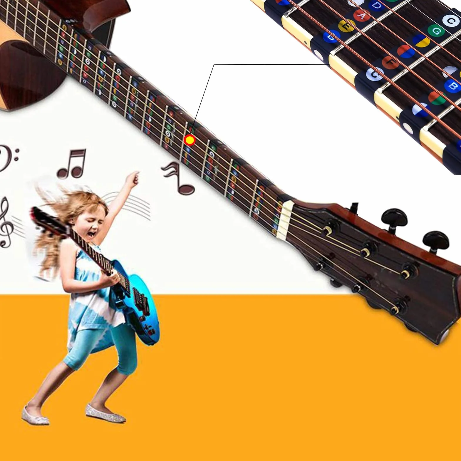 Naklejki na podstrunnicę gitarową, z wykresem akordów gitary, kolorowe naklejki na nuty, narzędzia gitarowe dla ucznia się, pasują do 6 strun gitary (2 x naklejki + 1 x mapa akordów + 6 x kostki)
