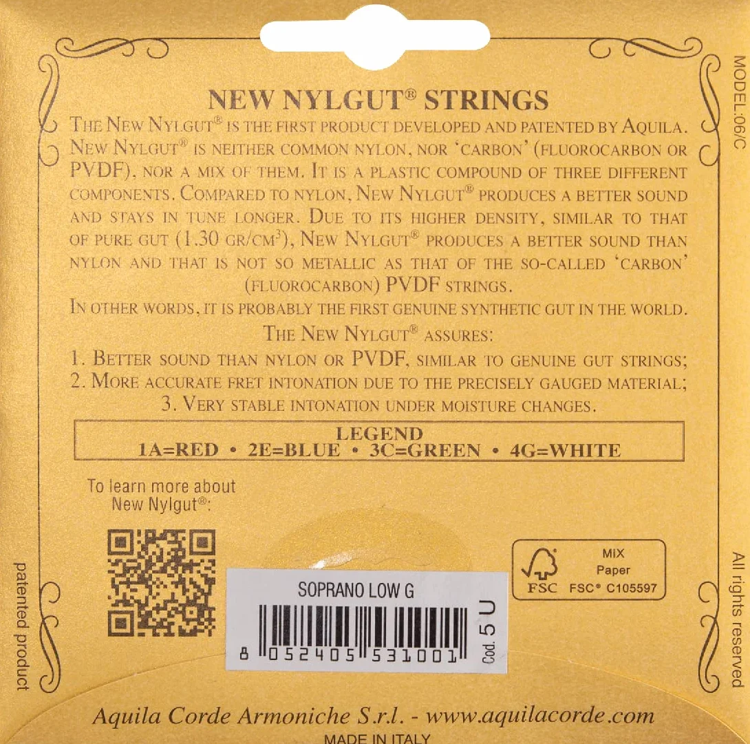 Aquila 5U Aquila zestaw ukulele sopranowe, głębokie strojenie G 5U, New Nylongut,Key of C, GCEA, struny G, długość struny 60 cm