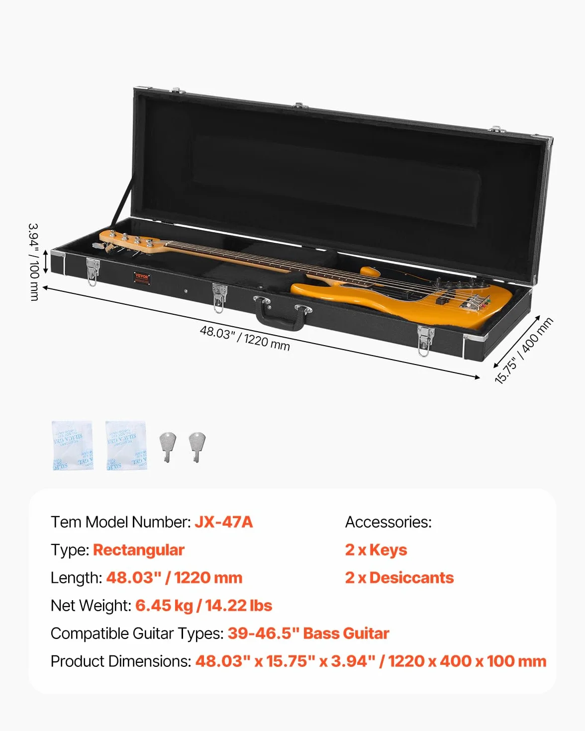 VEVOR Prostokątny twardy futerał na gitarę basową 1220 mm z blokadą kluczową, uchwyt, wypełnienie z PCW, miękka podszewka, wodoodporne do gitar basowych 39-46,5 cala 99-118 cm, czarne