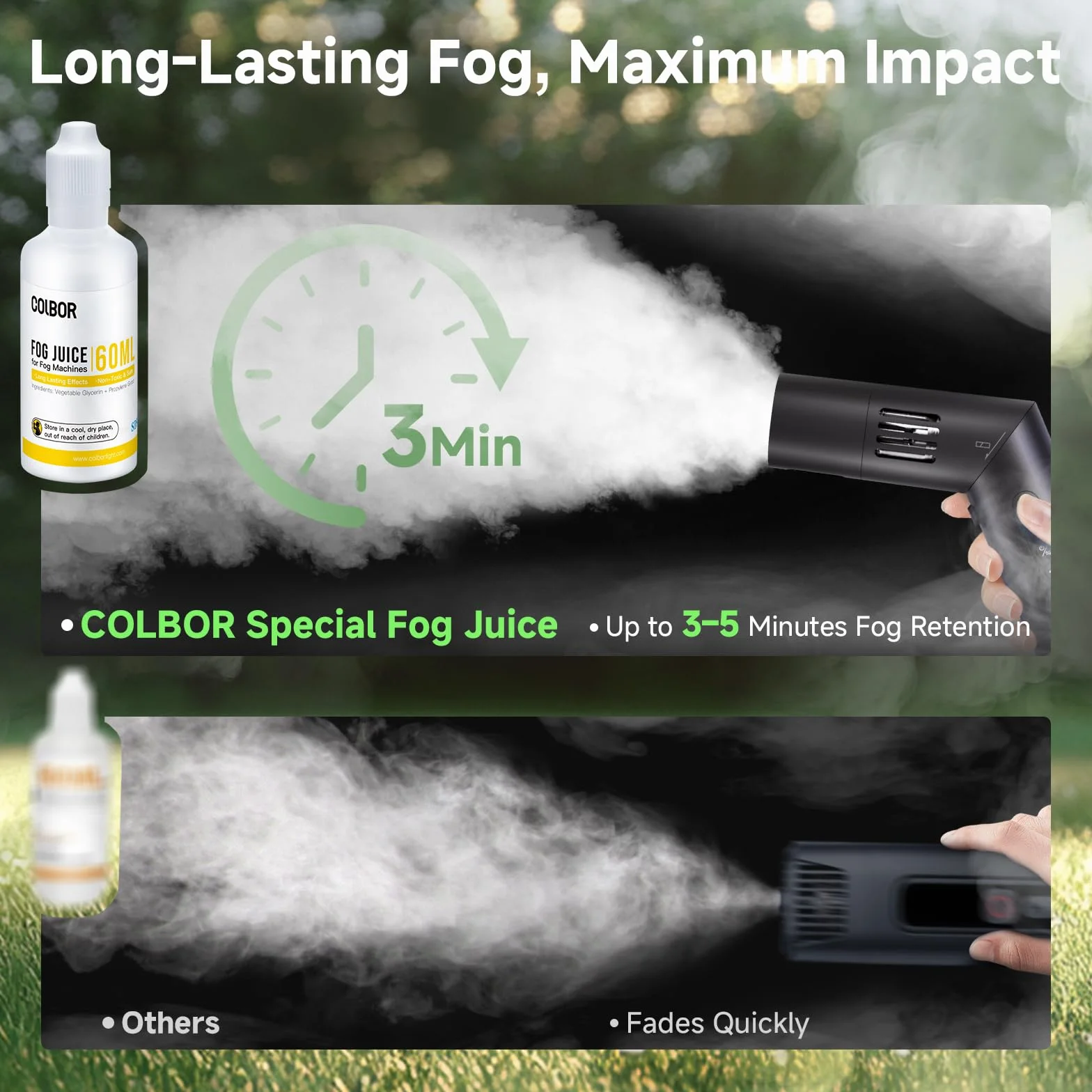 COLBOR Zestaw płynu do maszyn dymnych 4 szt., 60 ml* 4 Płyn mgły o wysokiej gęstości na bazie gliceryny roślinnej bez zapachu do maszyny dymnej COLBOR CF3/CF5