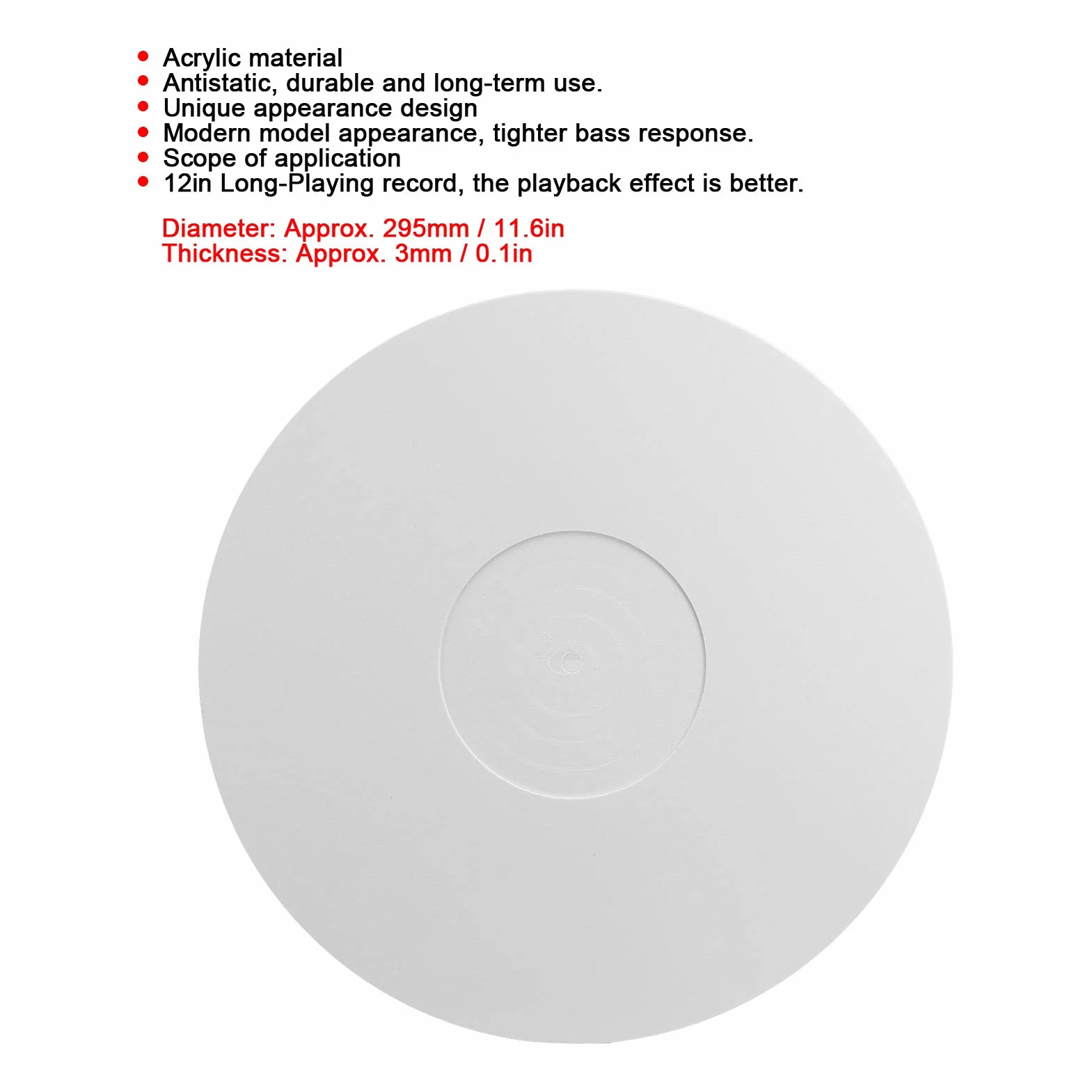 12-calowy Talerz Akrylowy, Mata Akrylowa LP Slipmat, Biała Mata Gramofonowa, do Gramofonów LP Vinyl