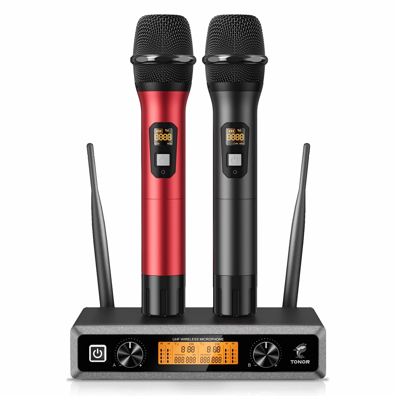 TONOR bezprzewodowy mikrofon UHF, profesjonalny, dynamiczny, podwójny mikrofon, ręczny system mikrofonowy, zestaw KTV, do karaoke, na imprezę, dla DJ, do kościoła, 60 m, TW820, Czarny i Czerwony