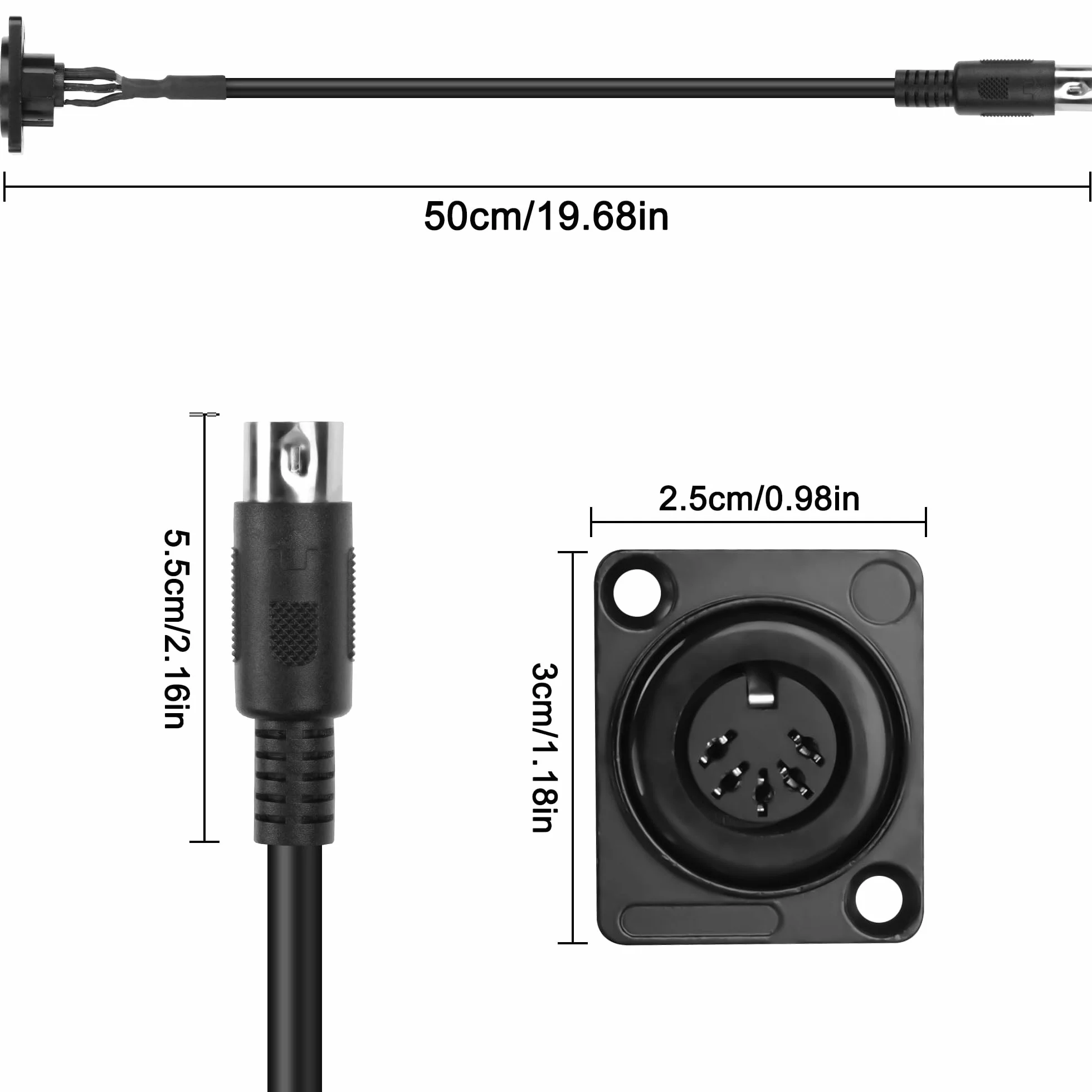 MEIRIYFA MIDI DIN 5-pinowy kabel przedłużający, montaż panelowy typu D, DIN 5PIN wtyczka na gniazdo audio, kabel adaptera do keyboardu, syntezatora, organów, pianina elektrycznego, gitary MIDI - 53 cm