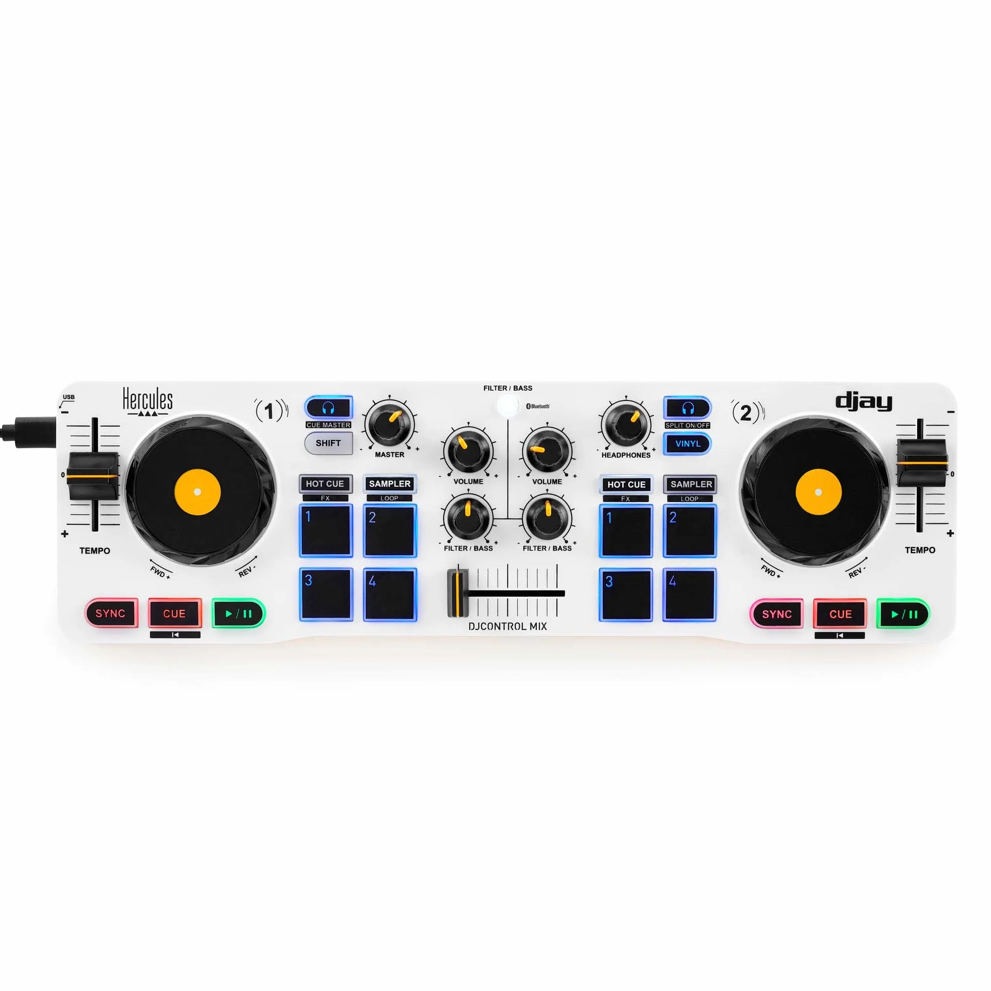 Hercules DJControl Mix – Bezprzewodowy kontroler DJ Bluetooth do smartfonów, kompatybilny z aplikacją djay, 2-kanałowy