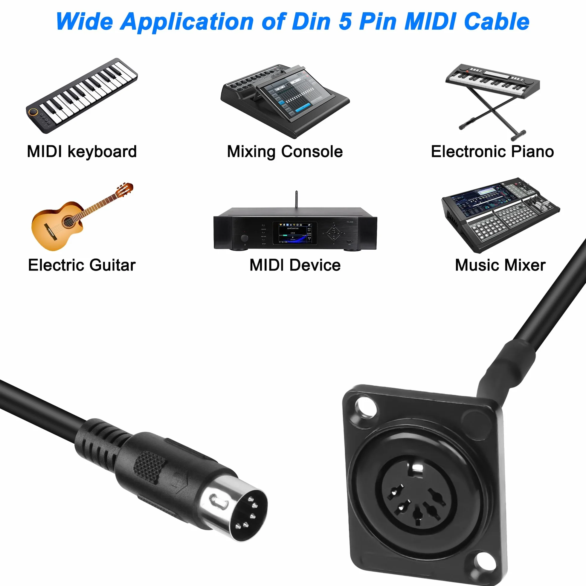 MEIRIYFA MIDI DIN 5-pinowy kabel przedłużający, montaż panelowy typu D, DIN 5PIN wtyczka na gniazdo audio, kabel adaptera do keyboardu, syntezatora, organów, pianina elektrycznego, gitary MIDI - 53 cm