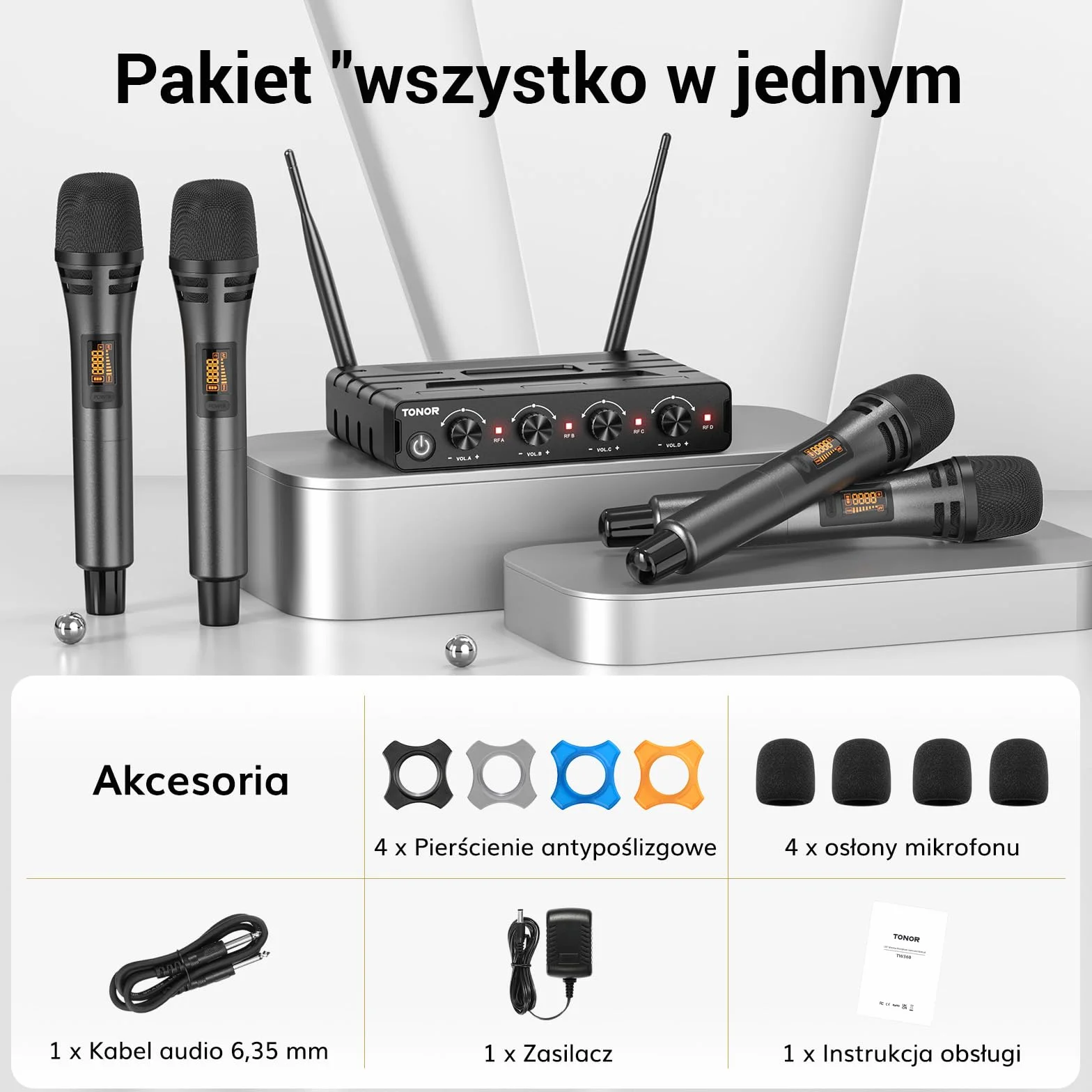 System mikrofonów bezprzewodowych TONOR, 4x5-kanałowy bezprzewodowy ręczny mikrofon dynamiczny z odbiornikiem, zasięg 60 M UHF, mikrofony ze stabilną transmisją sygnału do karaoke, śpiewania, wesela