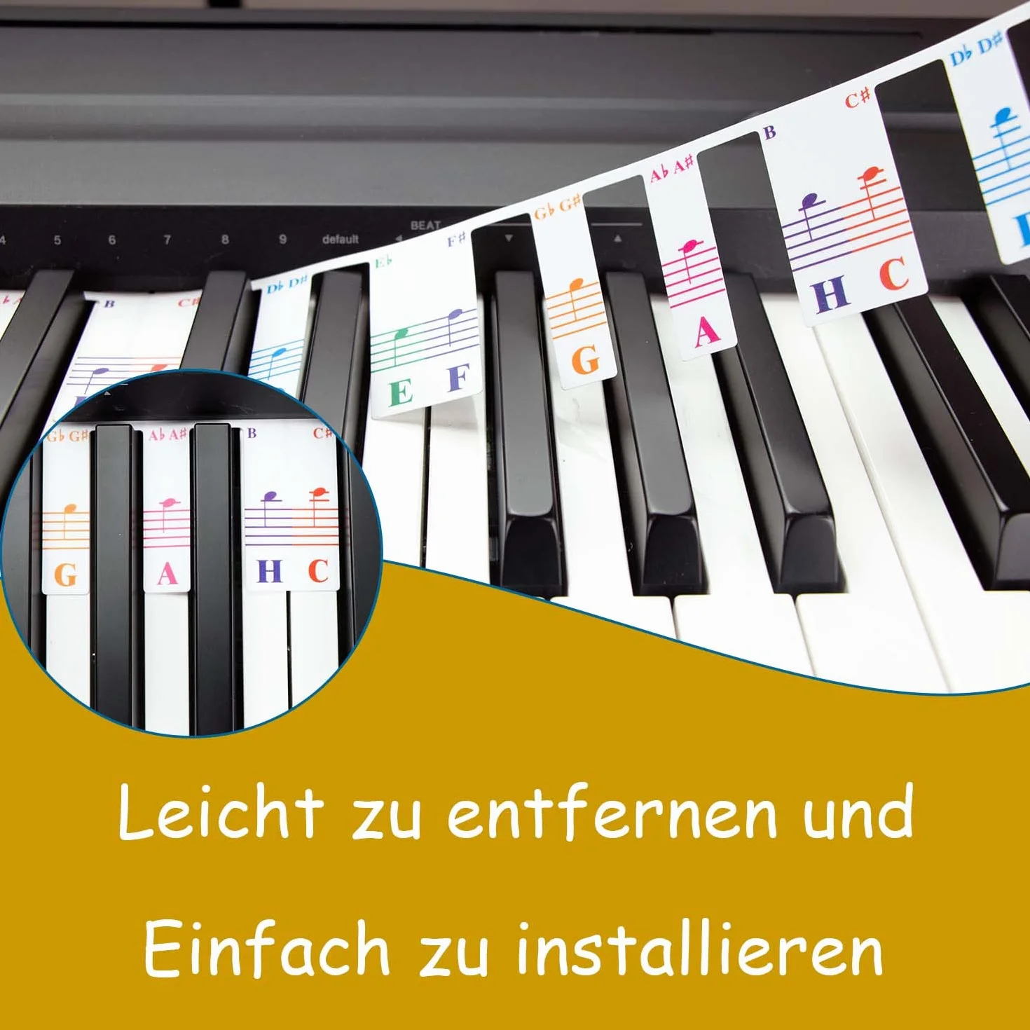 Kolorowe nuty klawiatury fortepianowej dla początkujących, zdejmowane etykiety z nutami do nauki, 88 pełnowymiarowych klawiszy, wielokrotnego użytku, nie są wymagane żadne naklejki