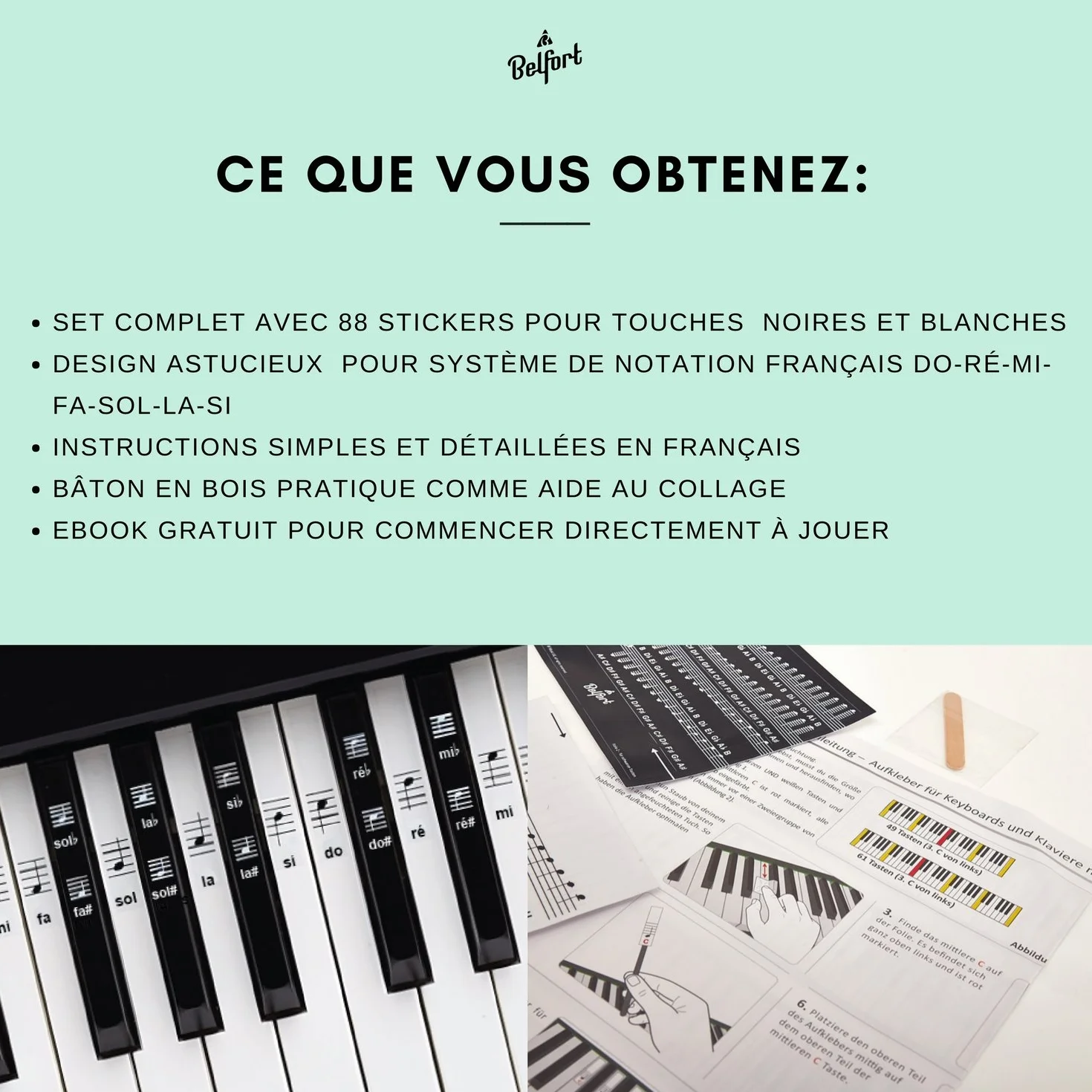 Belfort Autocollants pour Notes de Piano + Clavier 49|61|76|88 Touches pour Ebook Gratuit Premium