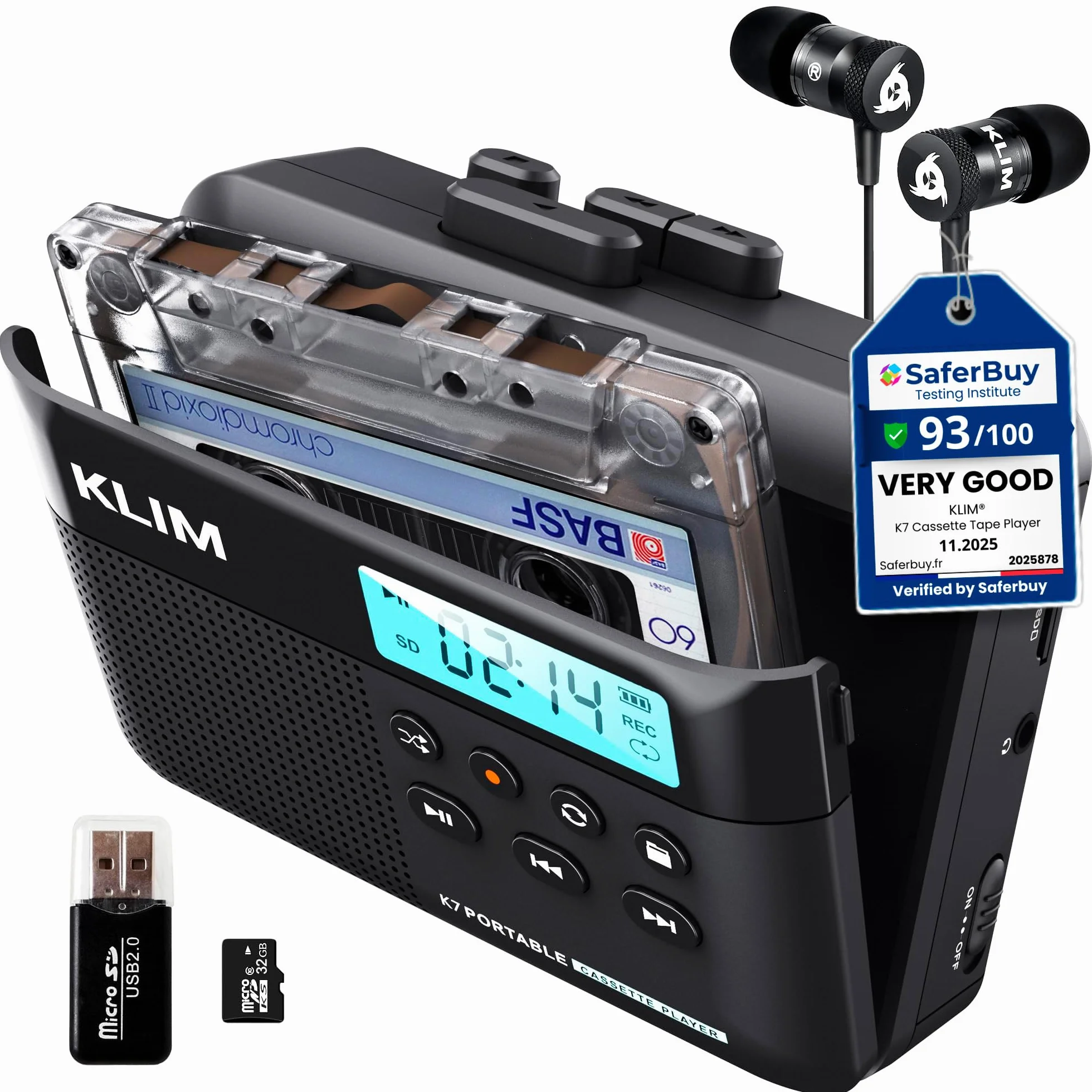 Odtwarzacz kasetowy Walkman KLIM K7 - odtwarzacz kasetowy - konwerter kasety audio na MP3 - wbudowany mikrofon i głośnik - akumulator - słuchawki - karta SD 32 GB