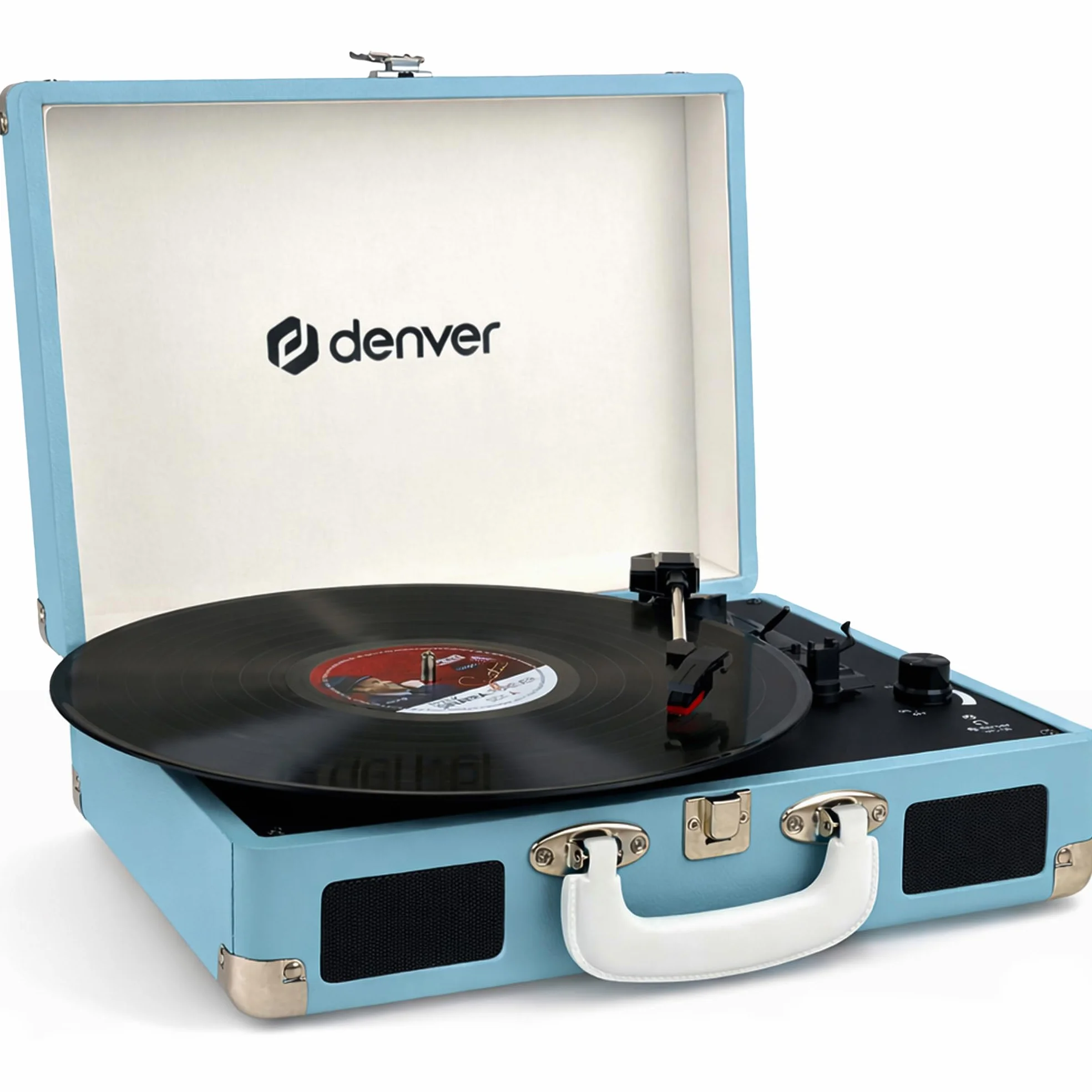 Denver VPL-120BU gramofon w stylu retro, niebieski, z głośnikiem, odtwarzacz winylowy USB, automatyczne zatrzymanie, walizka do nagrywania, odtwarzacz rekordów do digitalizacji