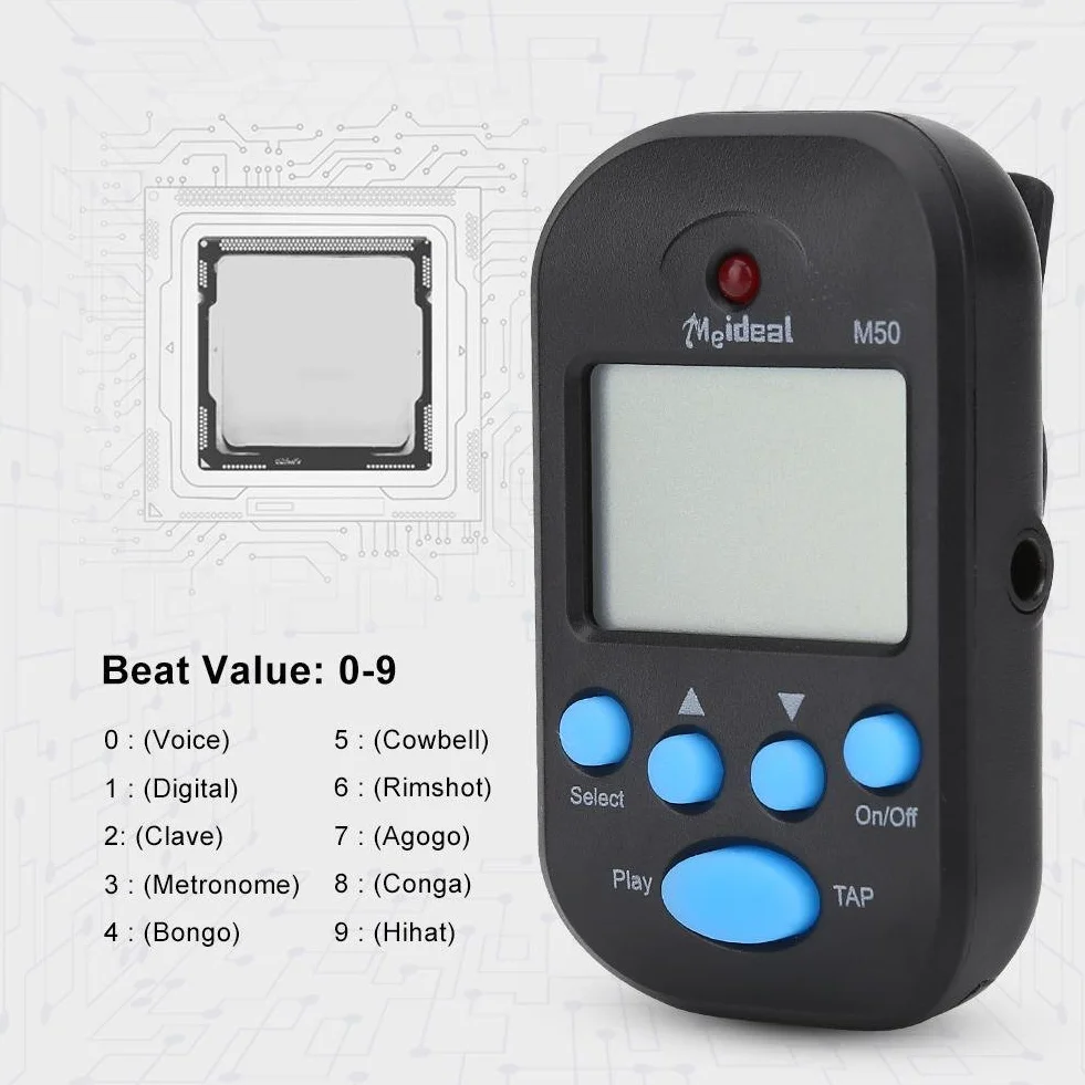 RiToEasysports Mini metronom cyfrowy, Beat Tap M50 przenośny klip na klips metronom instrumenty muzyczne z podwójnym wyjściem słuchawkowym (czarny)