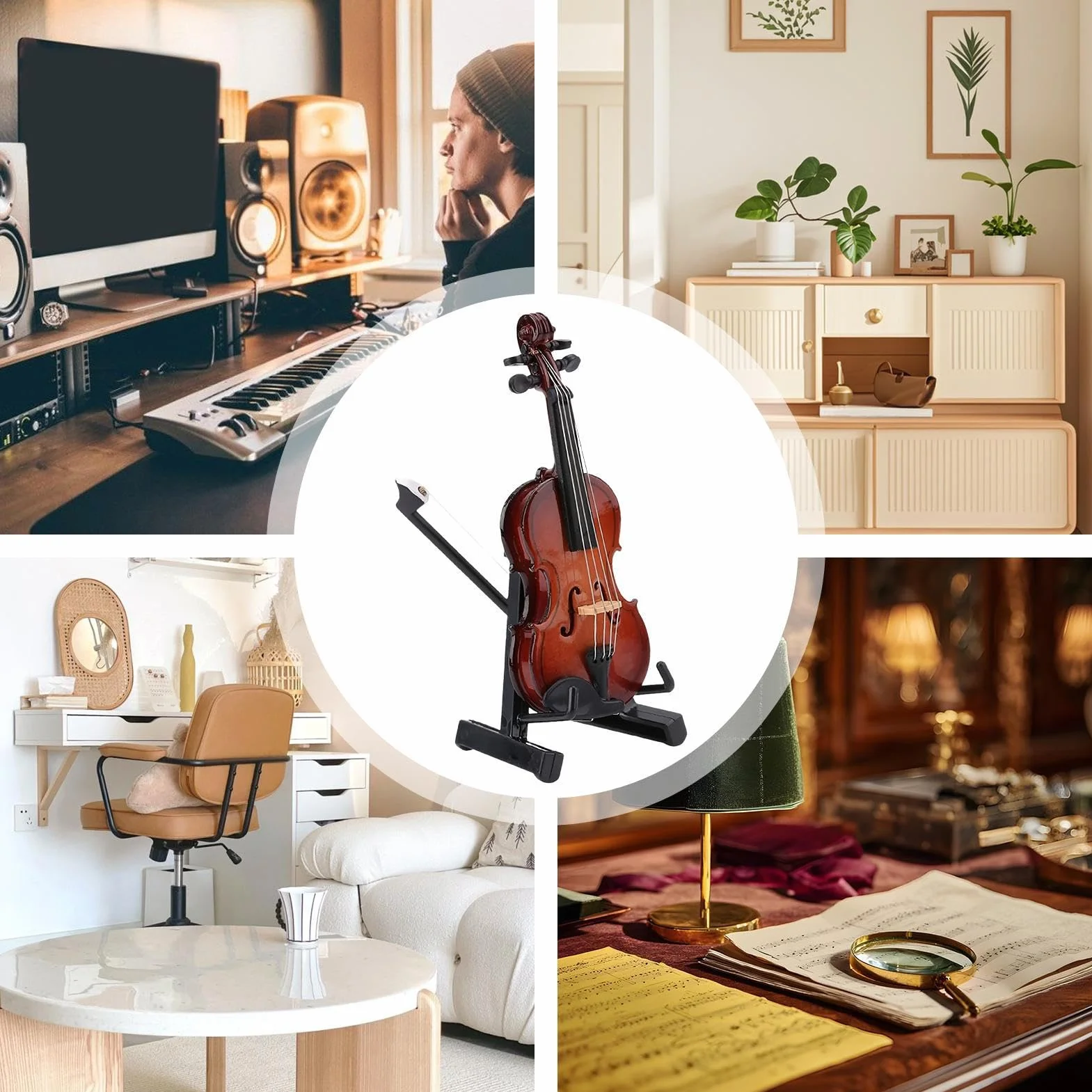 Miniaturowe skrzypce – mini instrument muzyczny, model skrzypiec ze stojakiem – przedmiot kolekcjonerski, dekoracja biurko do salonu, gabinetu, biura