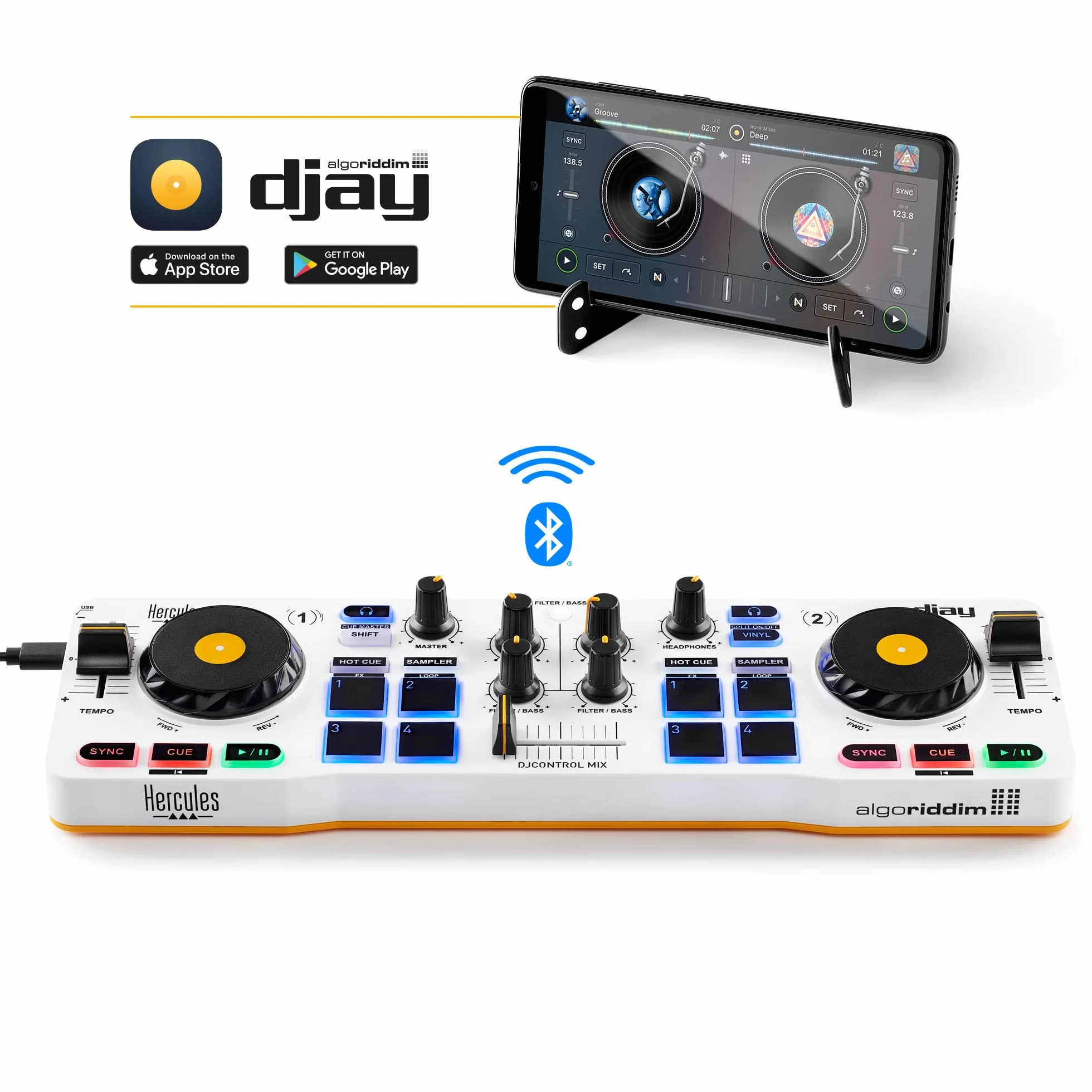 Hercules DJControl Mix – Bezprzewodowy kontroler DJ Bluetooth do smartfonów, kompatybilny z aplikacją djay, 2-kanałowy