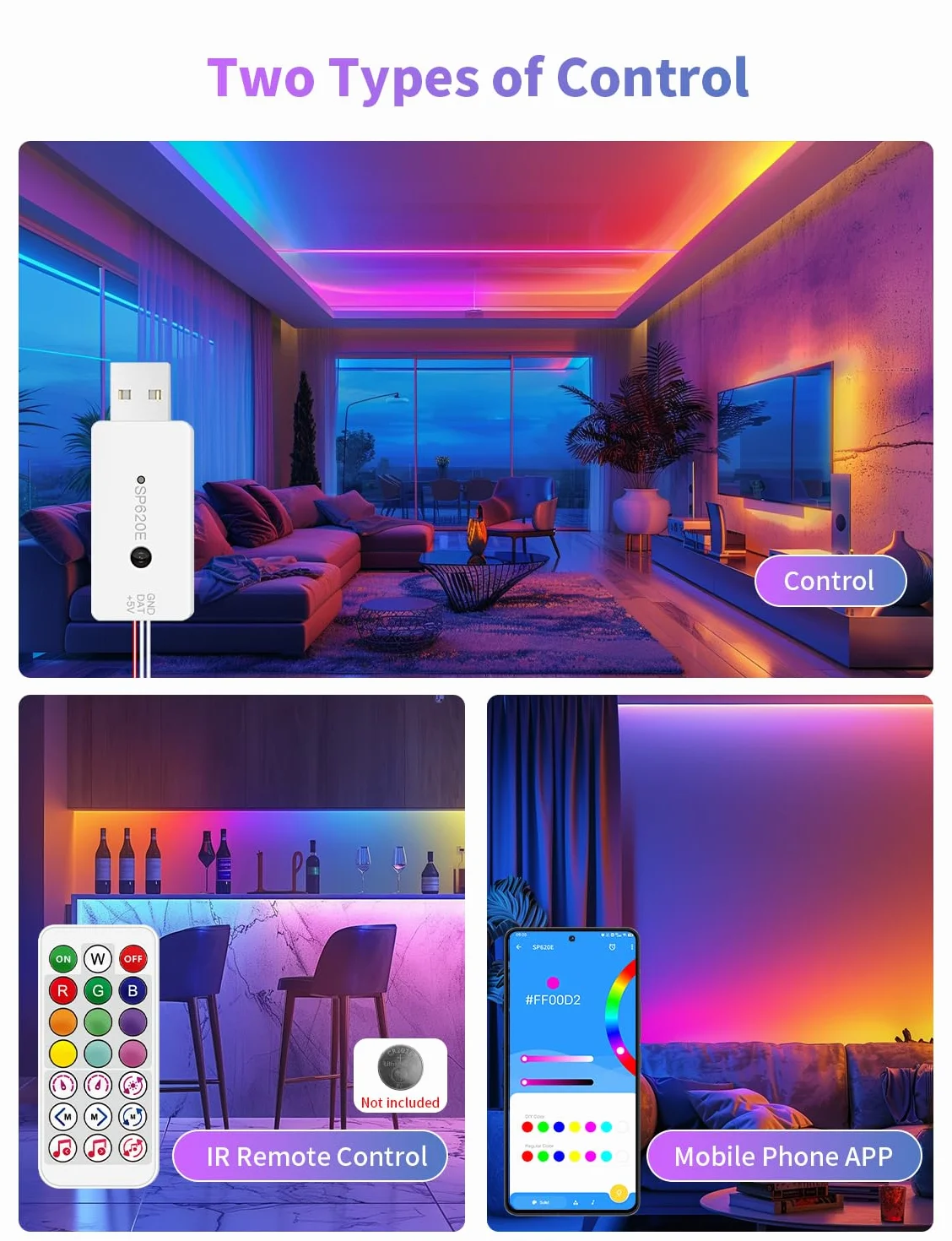 SP620E Sterownik Bluetooth WS2812B WS2811 z Pilotem na Podczerwień, Interfejsami USB, Aplikacją na Smartfona do Adresowalnych Taśm LED RGB
