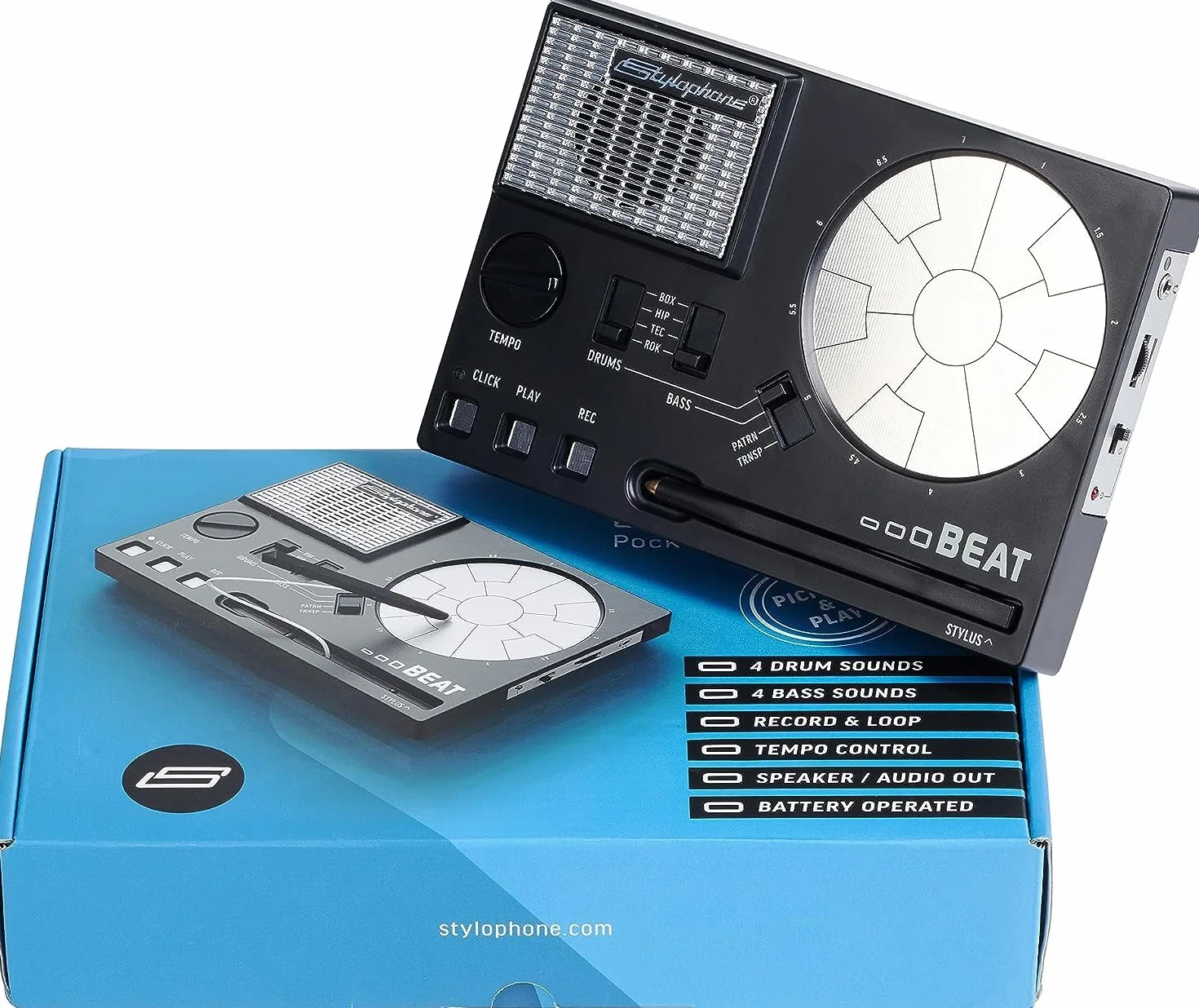 Stylophone Beat - kompaktowa maszyna perkusyjna z rysikiem | 4 zestawy perkusyjne i 4 dźwięki basowe | Rhythm Machine Beat Maker | Drum Loop Machine