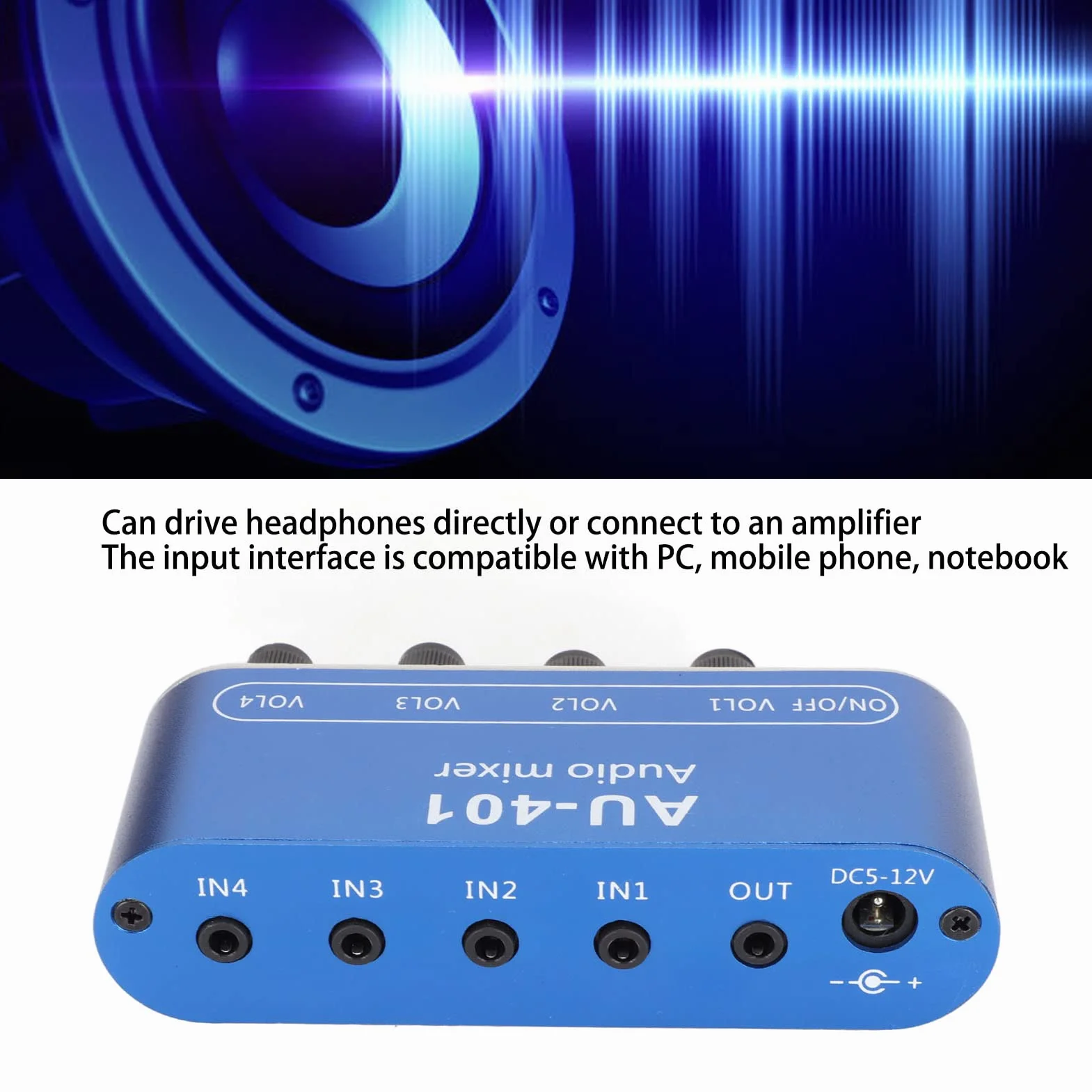 Mini Mikser Audio Stereo 4 w 1, DC 5 V-12 V 3,5 Mm DIY Zestaw Słuchawkowy z Selektorem Dźwięku, Niezależna Tablica Kontrolna, na Scenę Klubów Barów. Niebieski