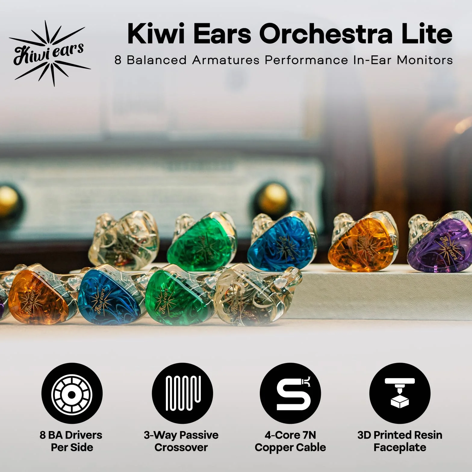 Linsoul Kiwi Ears Orchestra Lite Performance Custom 8BA Monitor douszny IEM z odłączanym 4-żyłowym miedzianym beztlenowym kablem OFC 7n, ręcznie wykonana płyta czołowa muzyka studyjnego(Niebieski)