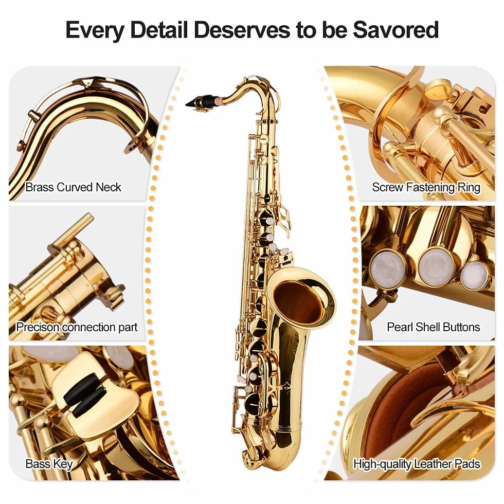 Bb saksofon tenorowy mosiężny korpus złoty lakierowany instrument dęty drewniany z futerałem rękawiczkami ściereczka do czyszczenia szczotka saksofonowe paski na szyję