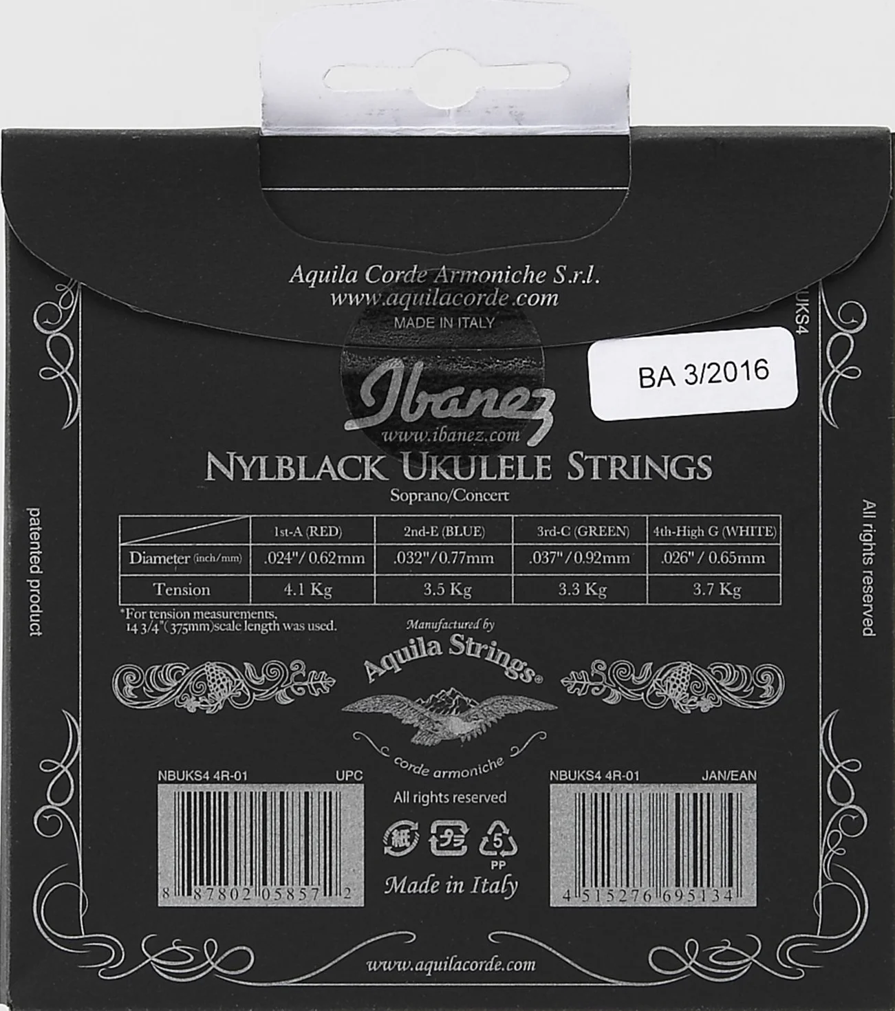 Ibanez NBUKS4 zestaw strun do ukulele, stringi Aquila 024-026, sopran, koncert), czarny nylon