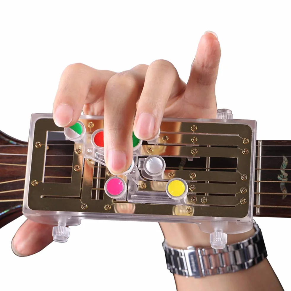 Chord Buddy system uczenia się gitary, wystarczy nacisnąć przyciski i grać na gitarze, system uczenia się gitary Clip-on chromatyczny stroik z 6 uniwersalnymi akordami
