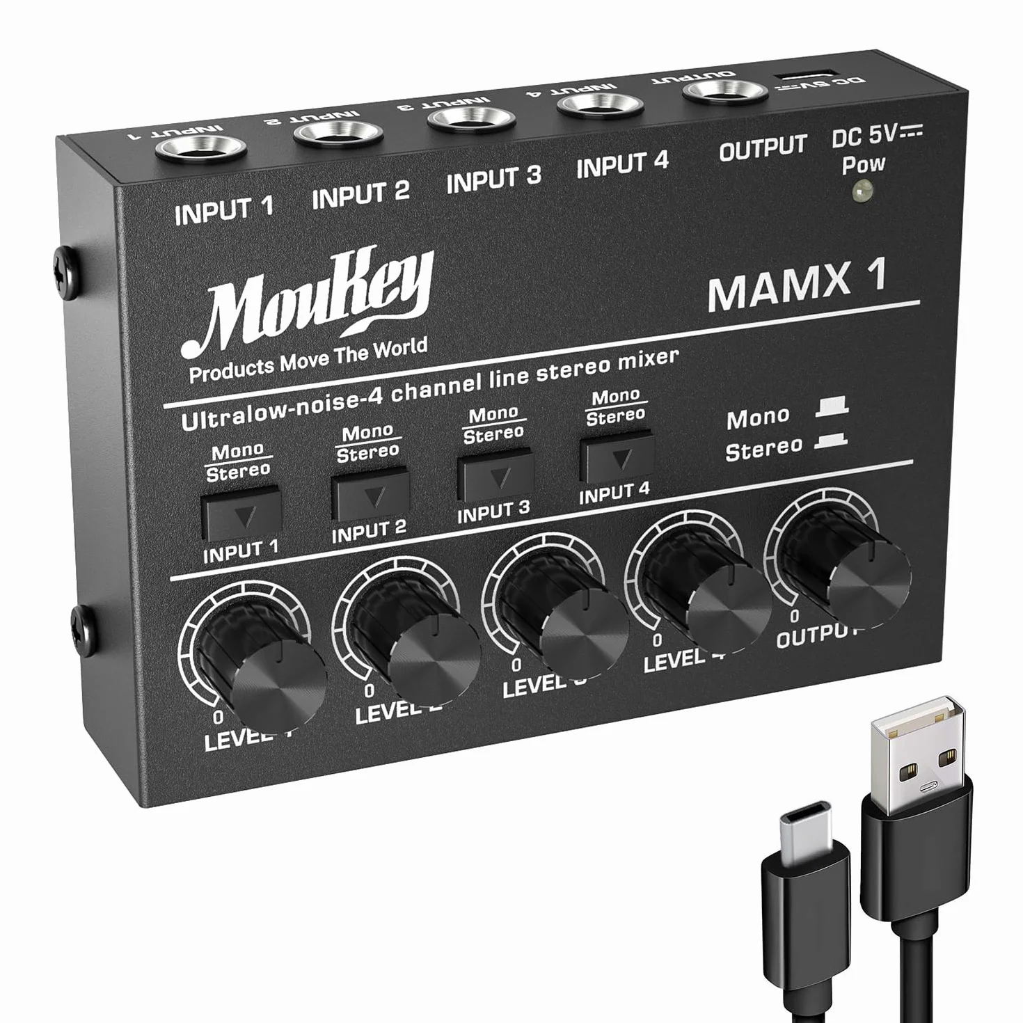 Moukey Kompaktowy mikser studyjny audio stereo, 4 kanały do klubów, barów, scen, miksera, gitary, basu, klawiatury, MAMX1