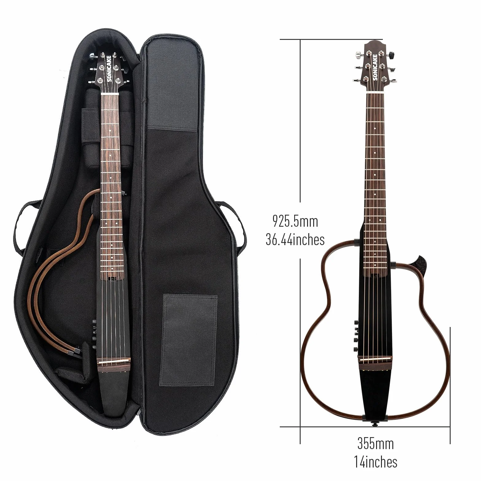 SONICAKE Elektryczna gitara akustyczna, przenośny korpus z litego mahoniu, łatwa w montażu rama, wielokorpusowy kształt Sim Preamp, Gigbag i akcesoria QGT-01