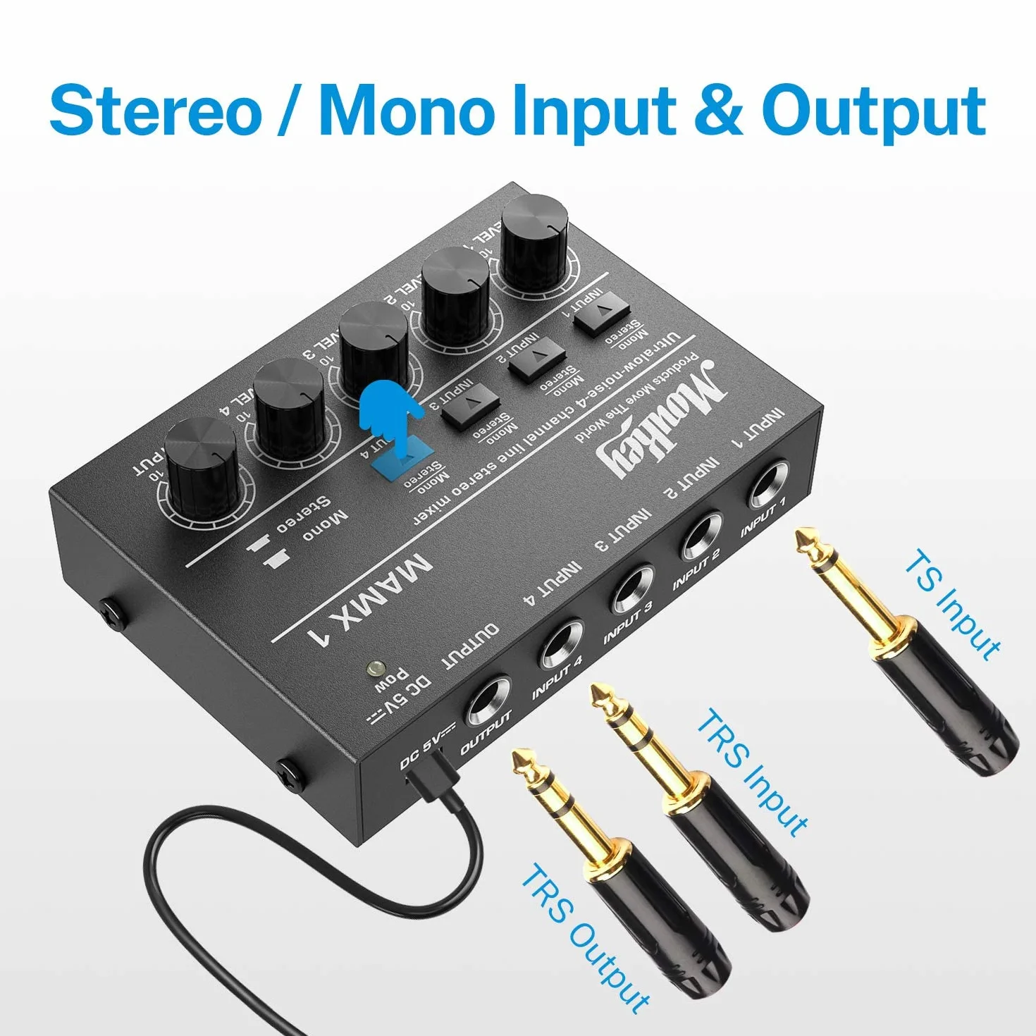 Moukey Kompaktowy mikser studyjny audio stereo, 4 kanały do klubów, barów, scen, miksera, gitary, basu, klawiatury, MAMX1