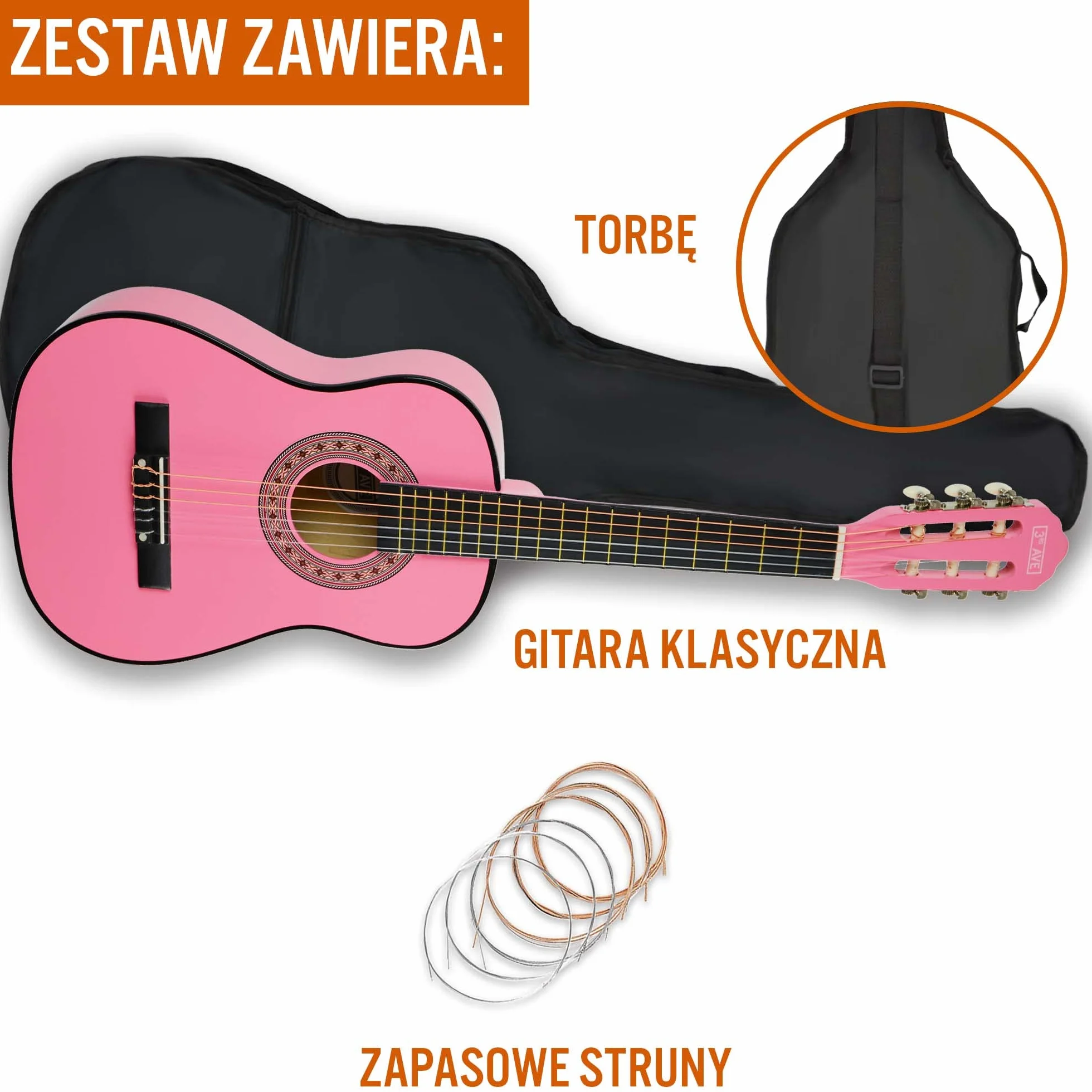 3rd Avenue Hiszpańska gitara klasyczna Kids, w rozmiarze 1/2, dla początkujących, struny nylonowe – futerał, struny – w kolorze różowym